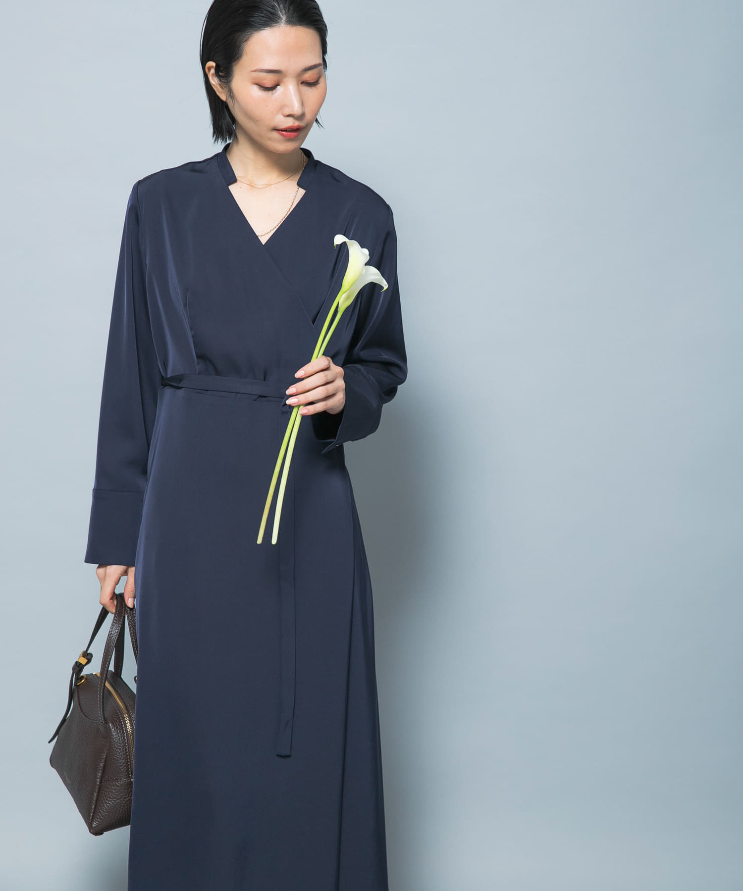 ベルト付カシュクールサテンワンピース