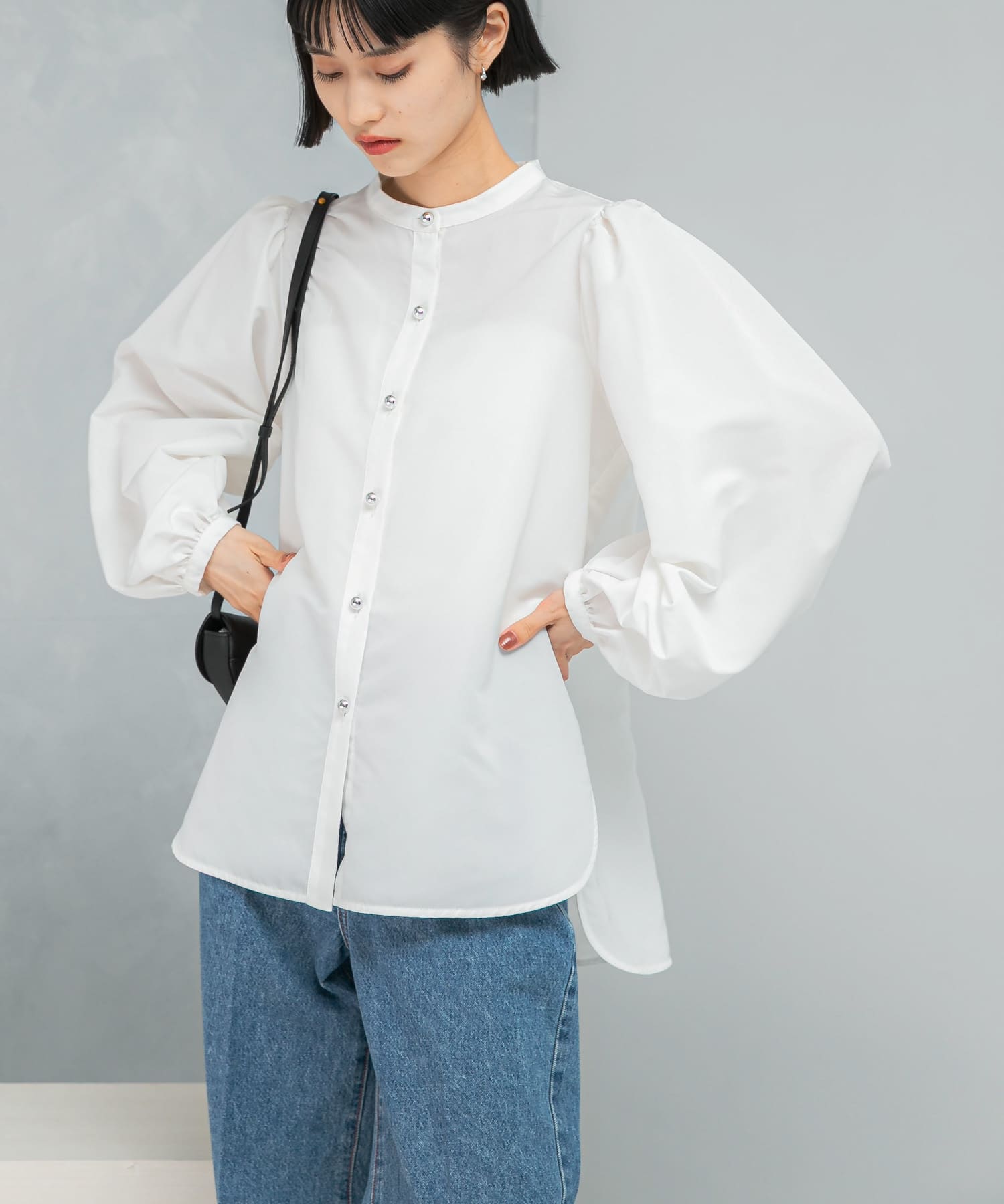 バンドカラーボリュームシャツブラウス WHITE FREE