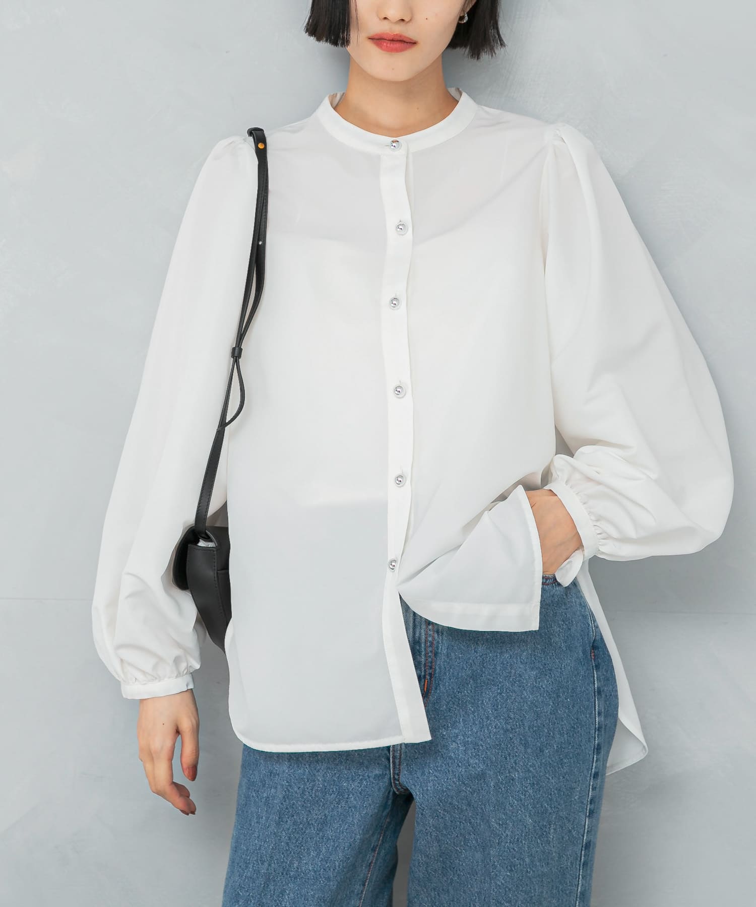 バンドカラーボリュームシャツブラウス WHITE FREE