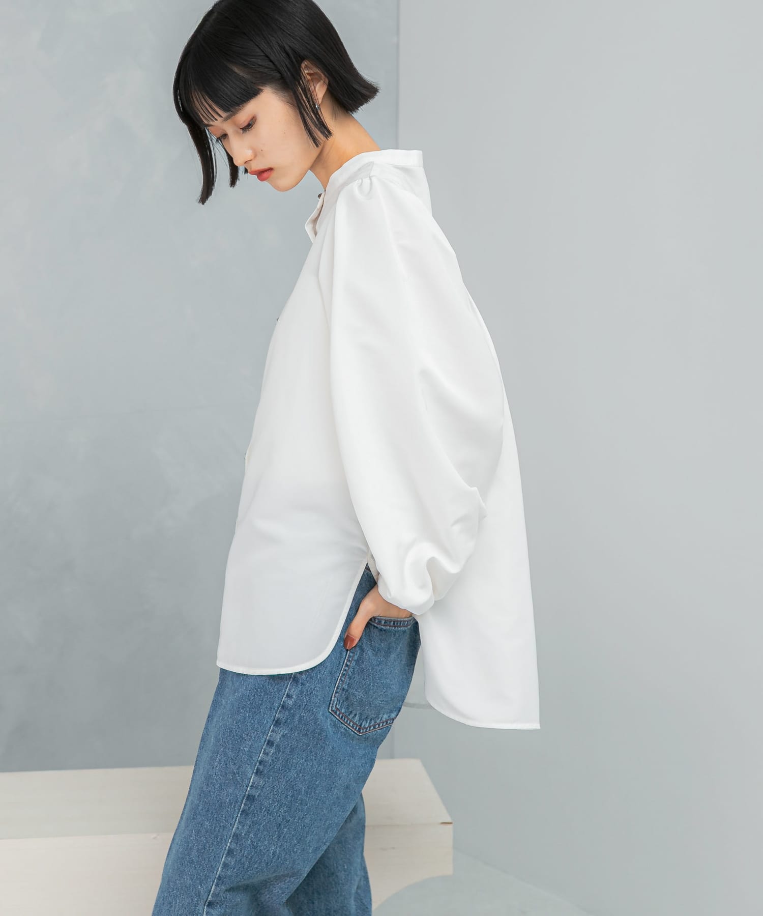 バンドカラーボリュームシャツブラウス WHITE FREE