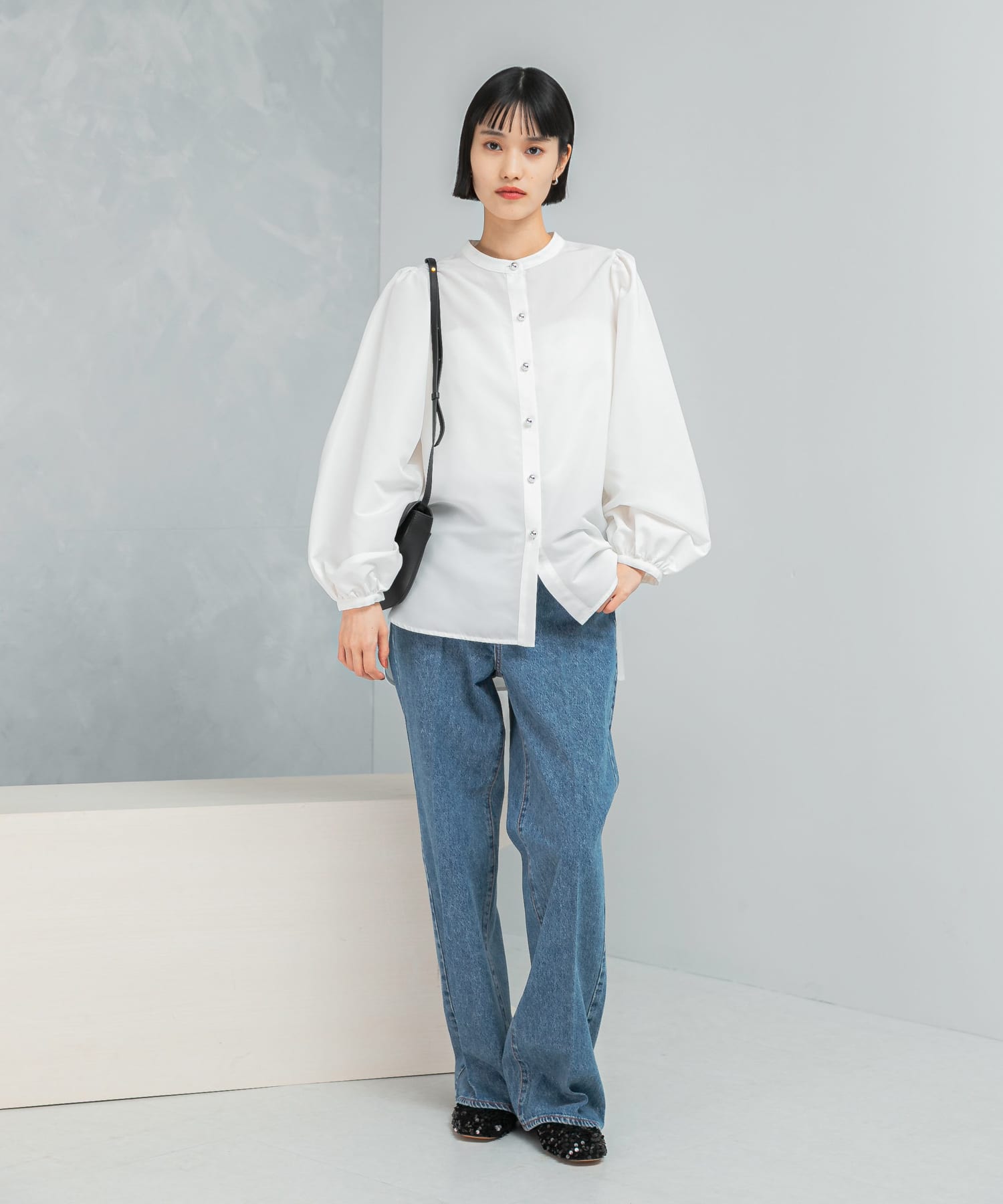 バンドカラーボリュームシャツブラウス WHITE FREE