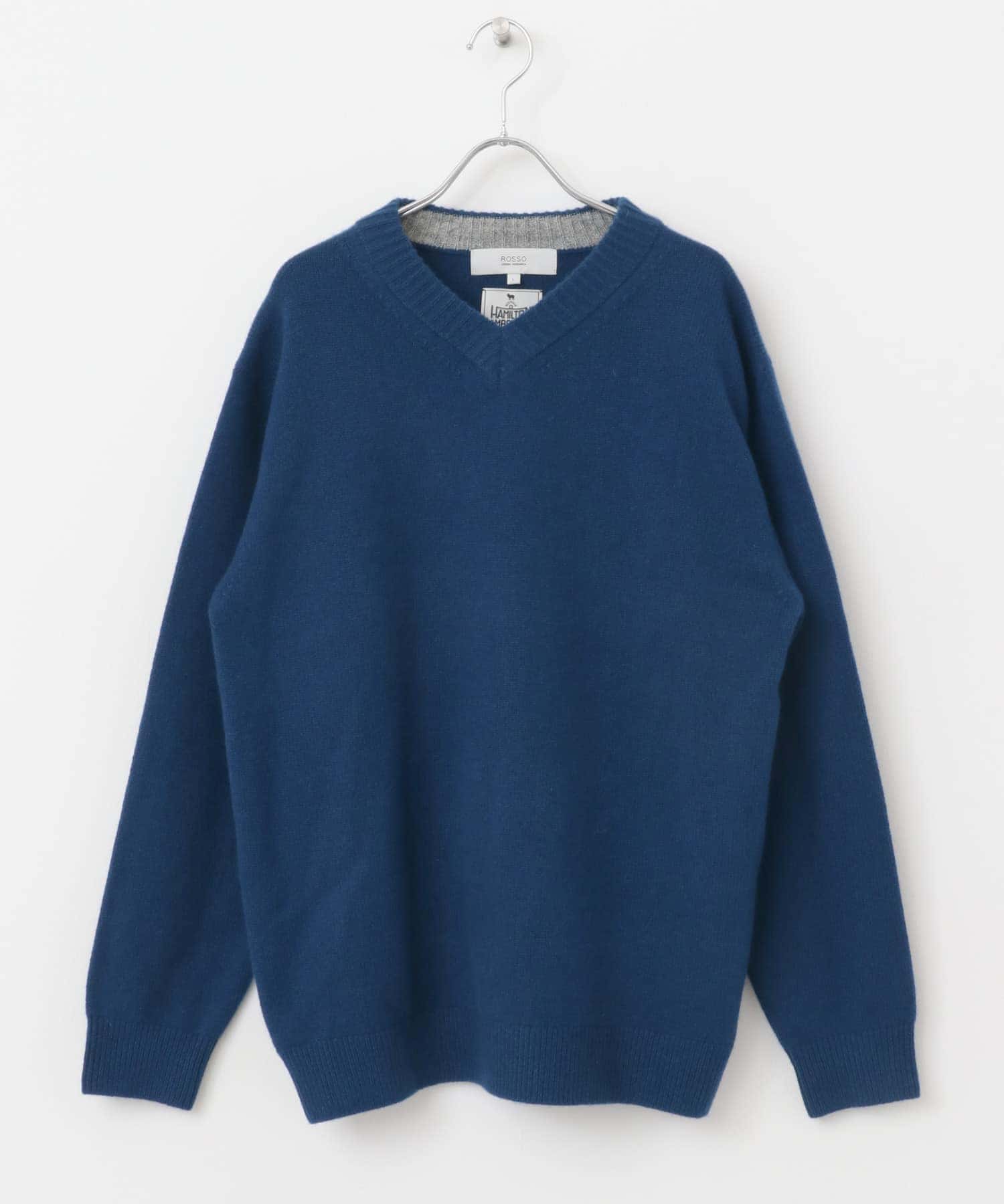 『XLサイズあり』ハミルトンラムズウールVネックニット BLUE S