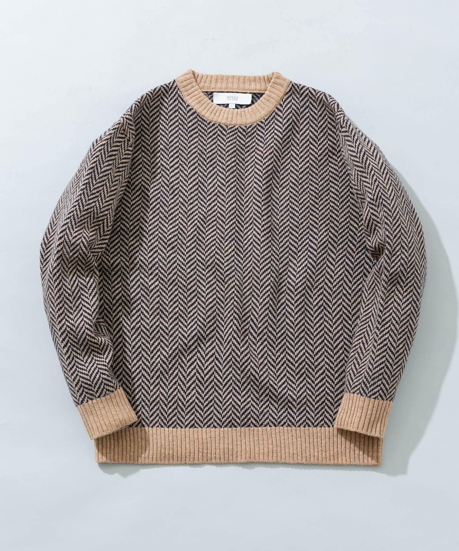 『XLサイズあり』ヘリンボーン柄クルーネックニット GREIGE S