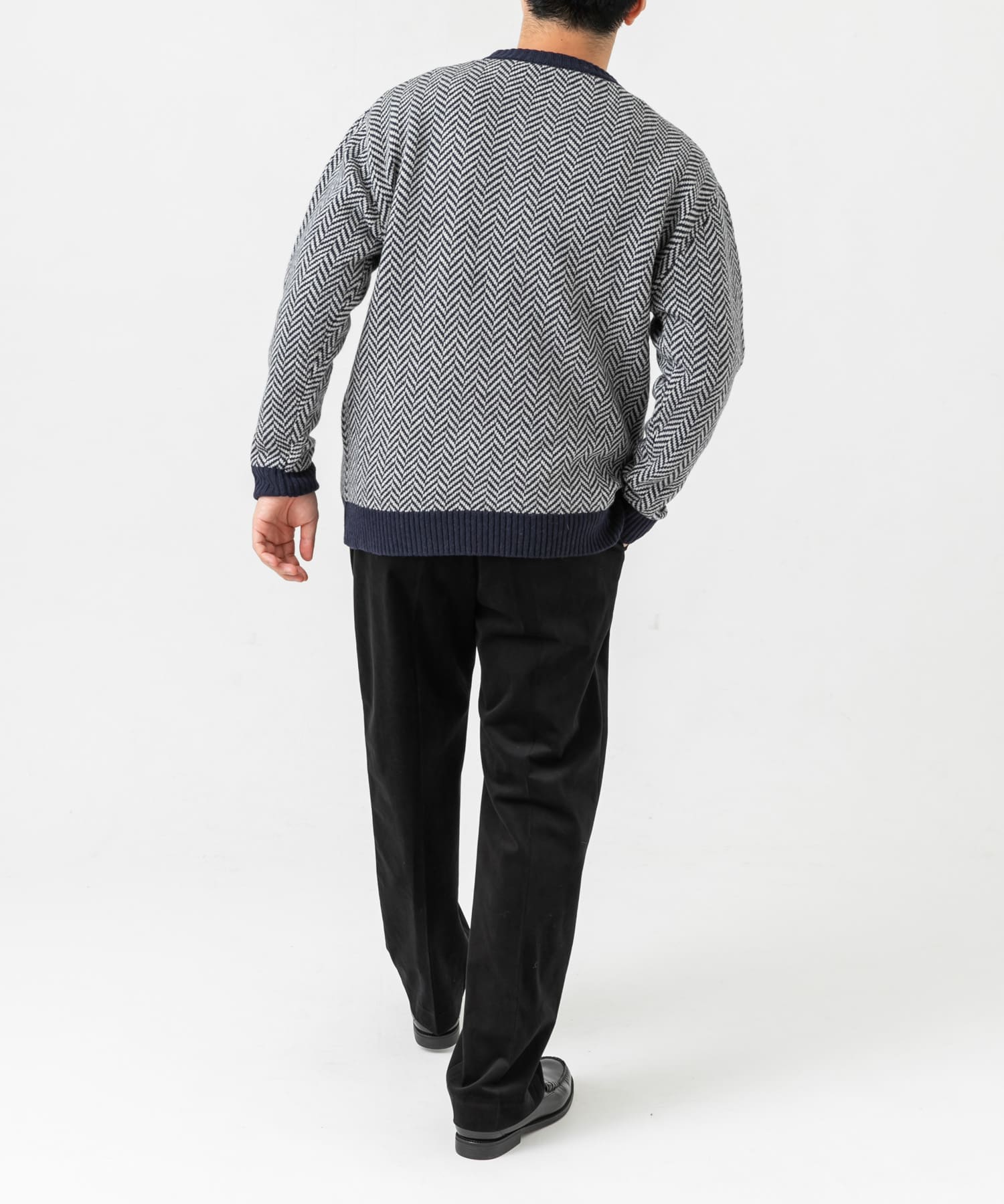 『XLサイズあり』ヘリンボーン柄クルーネックニット NAVY M