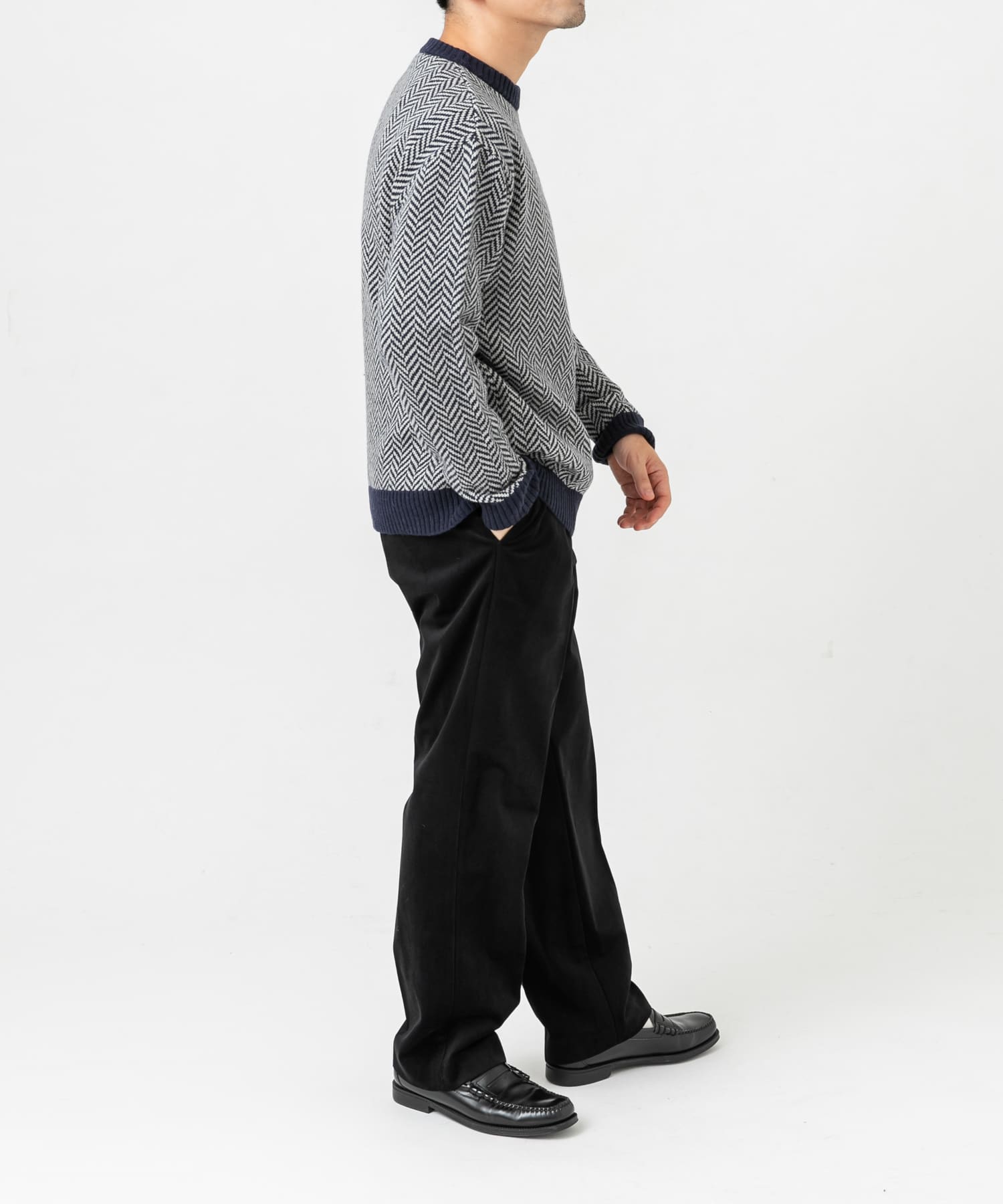 『XLサイズあり』ヘリンボーン柄クルーネックニット NAVY M