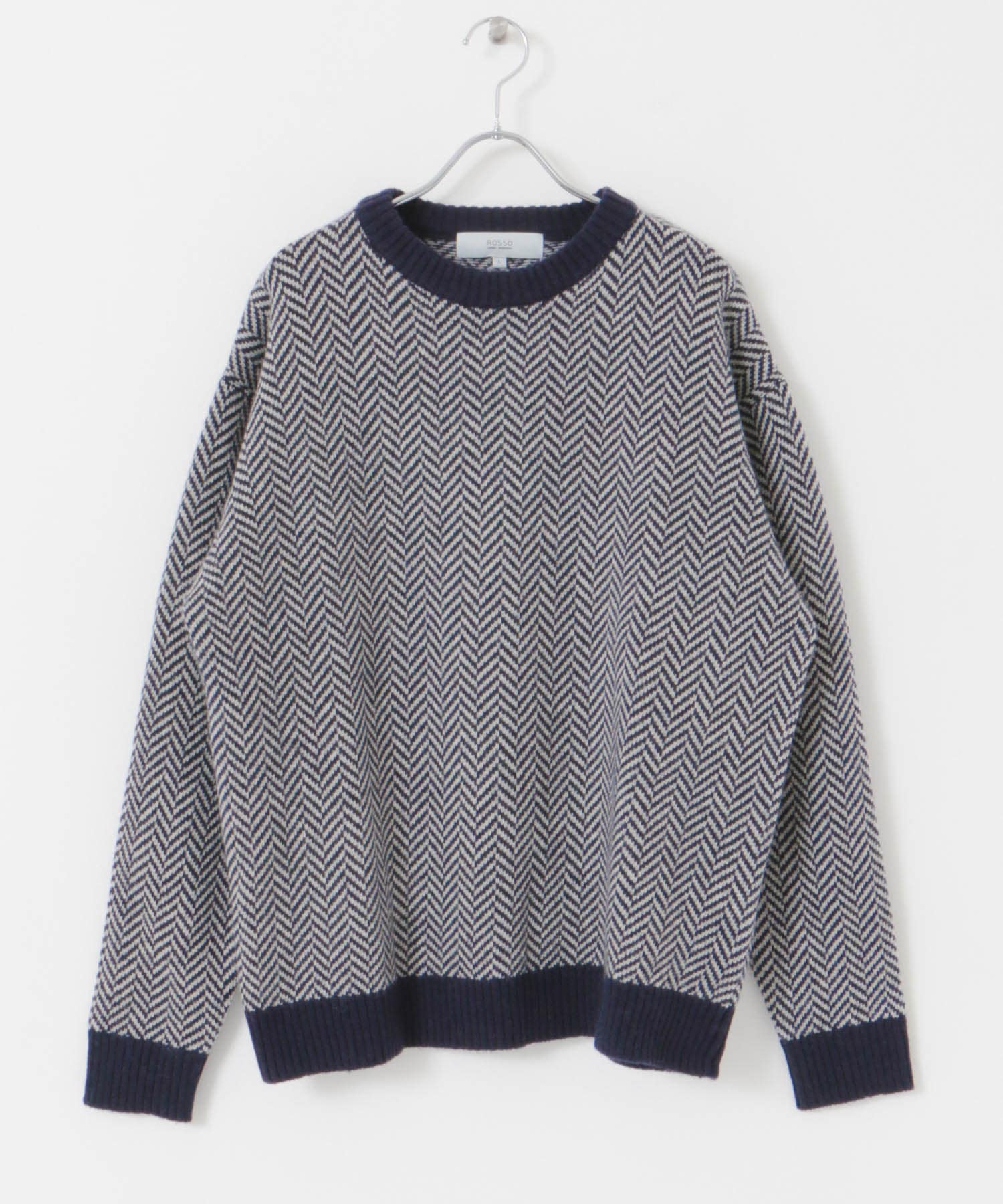 『XLサイズあり』ヘリンボーン柄クルーネックニット NAVY S