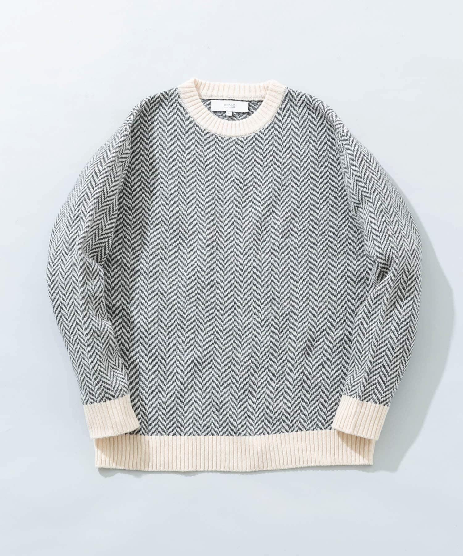 『XLサイズあり』ヘリンボーン柄クルーネックニット IVORY S