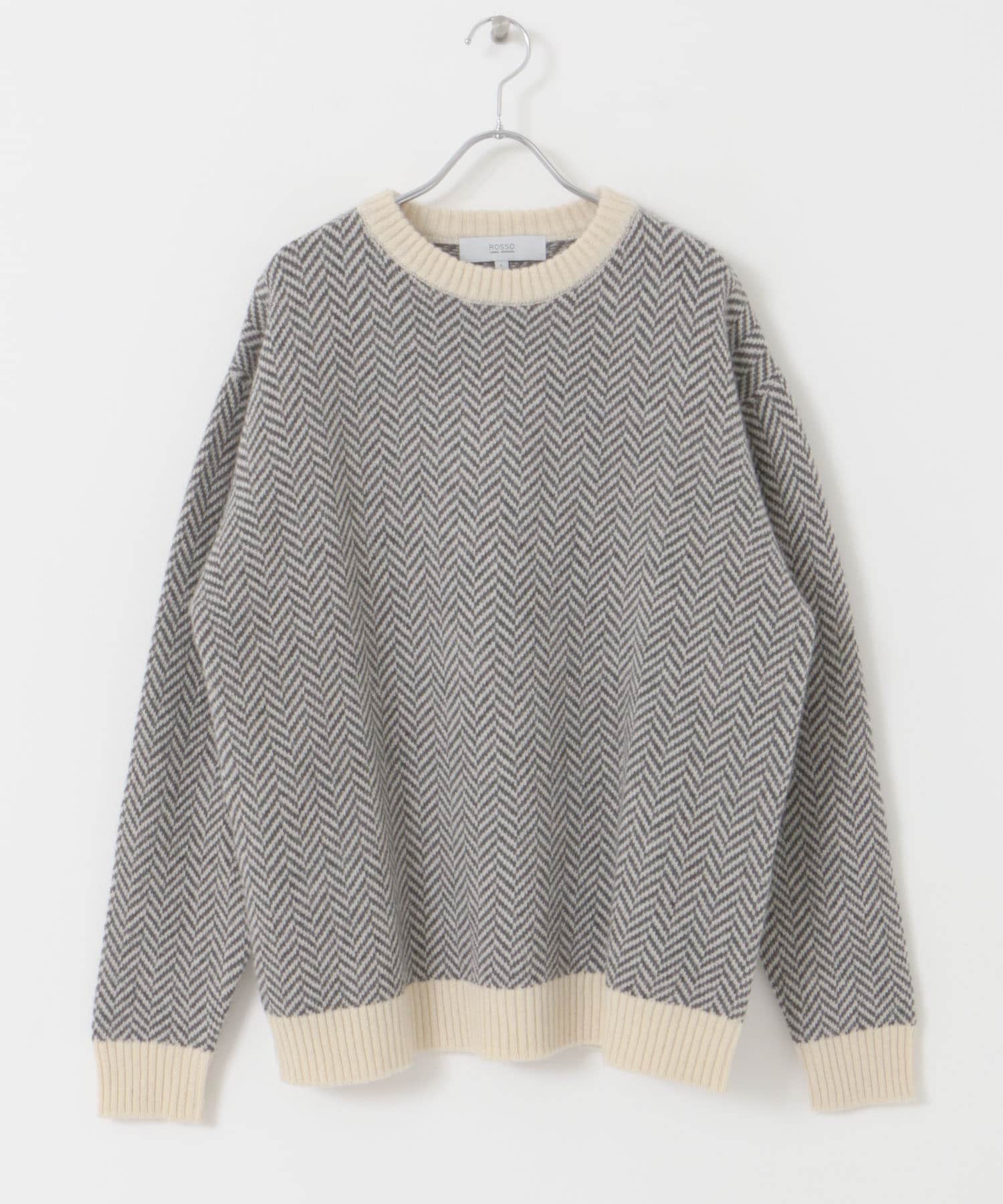 『XLサイズあり』ヘリンボーン柄クルーネックニット IVORY S