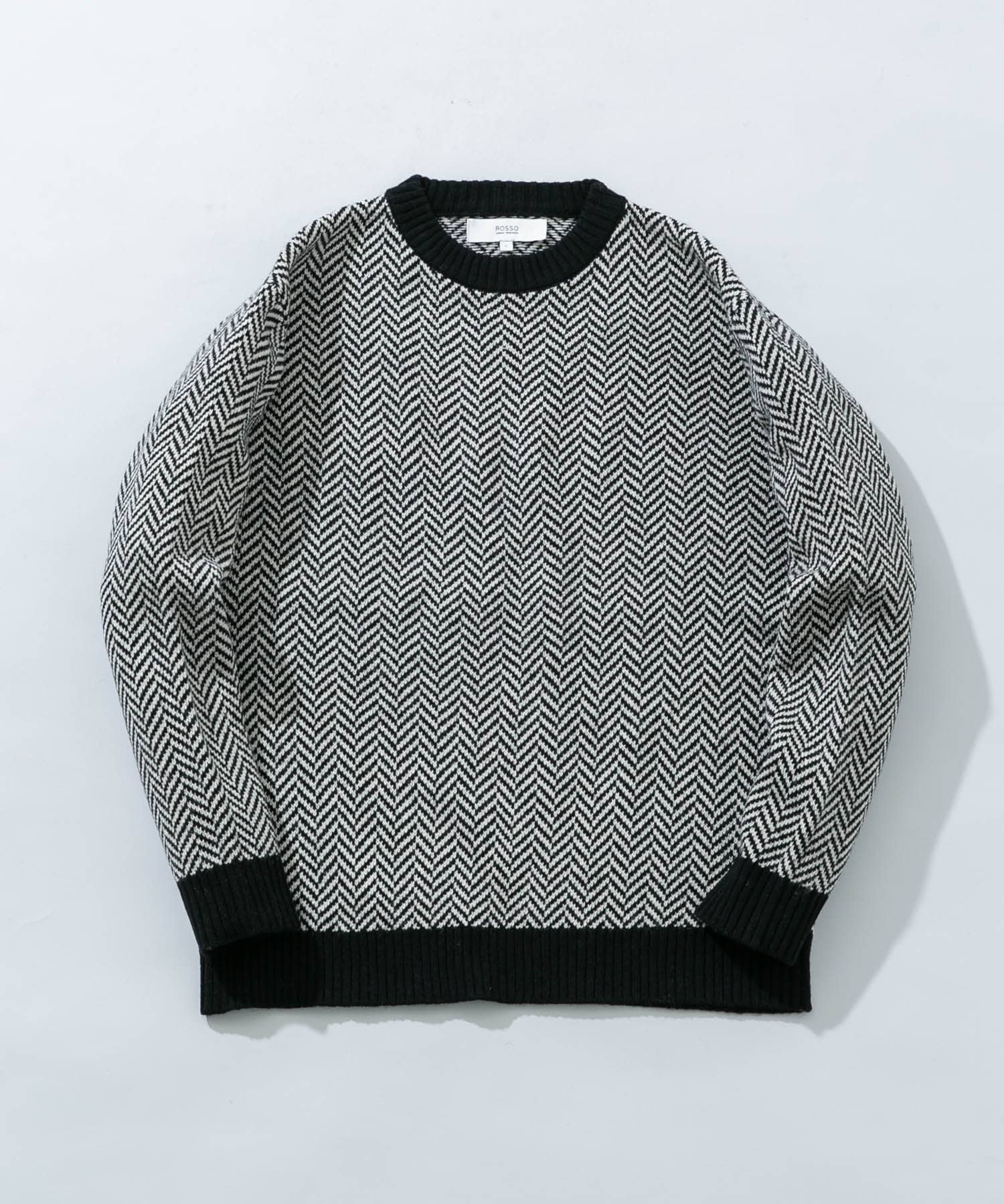 『XLサイズあり』ヘリンボーン柄クルーネックニット BLACK S