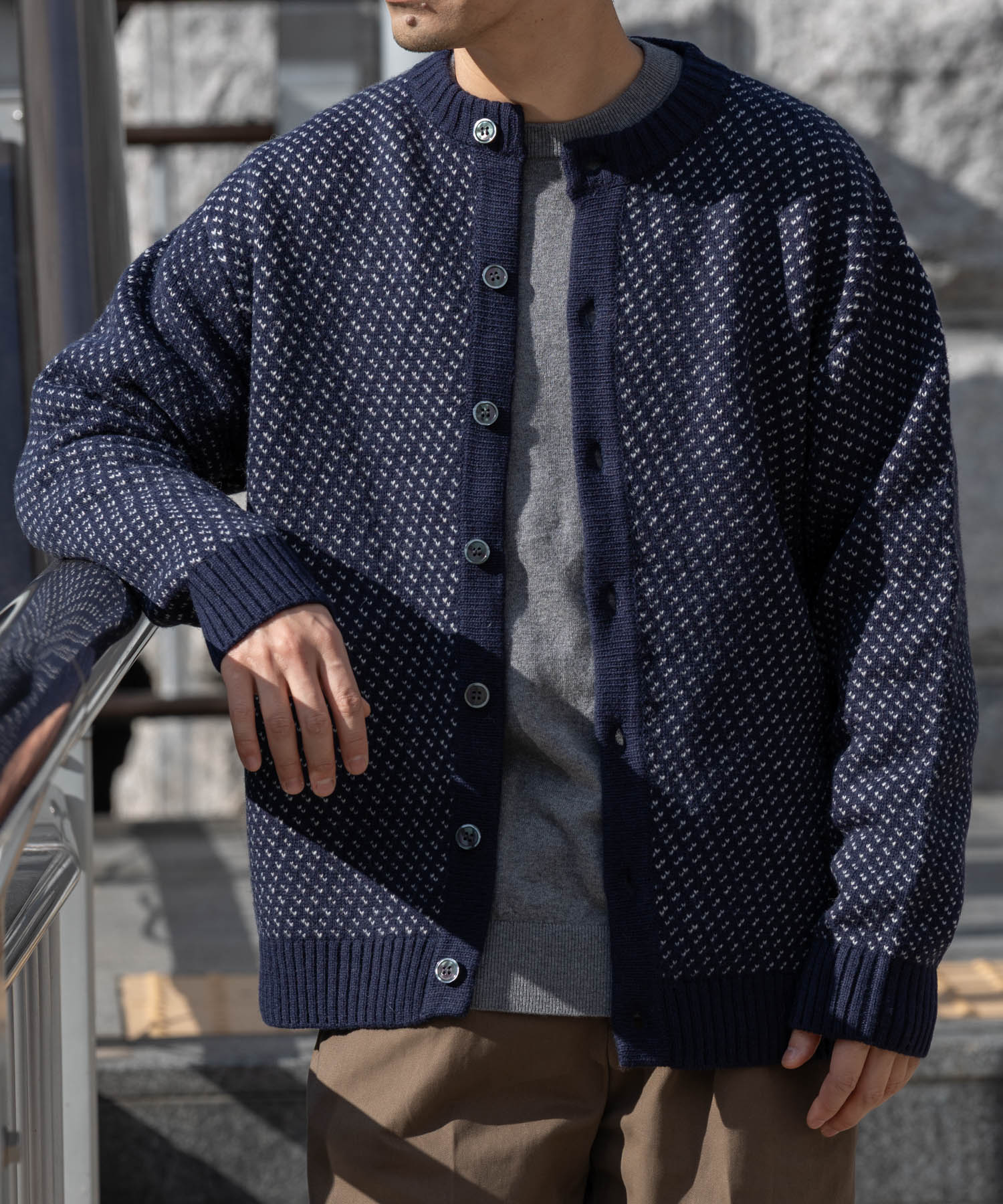 『XLサイズあり』バーズアイ柄クルーニットカーディガン