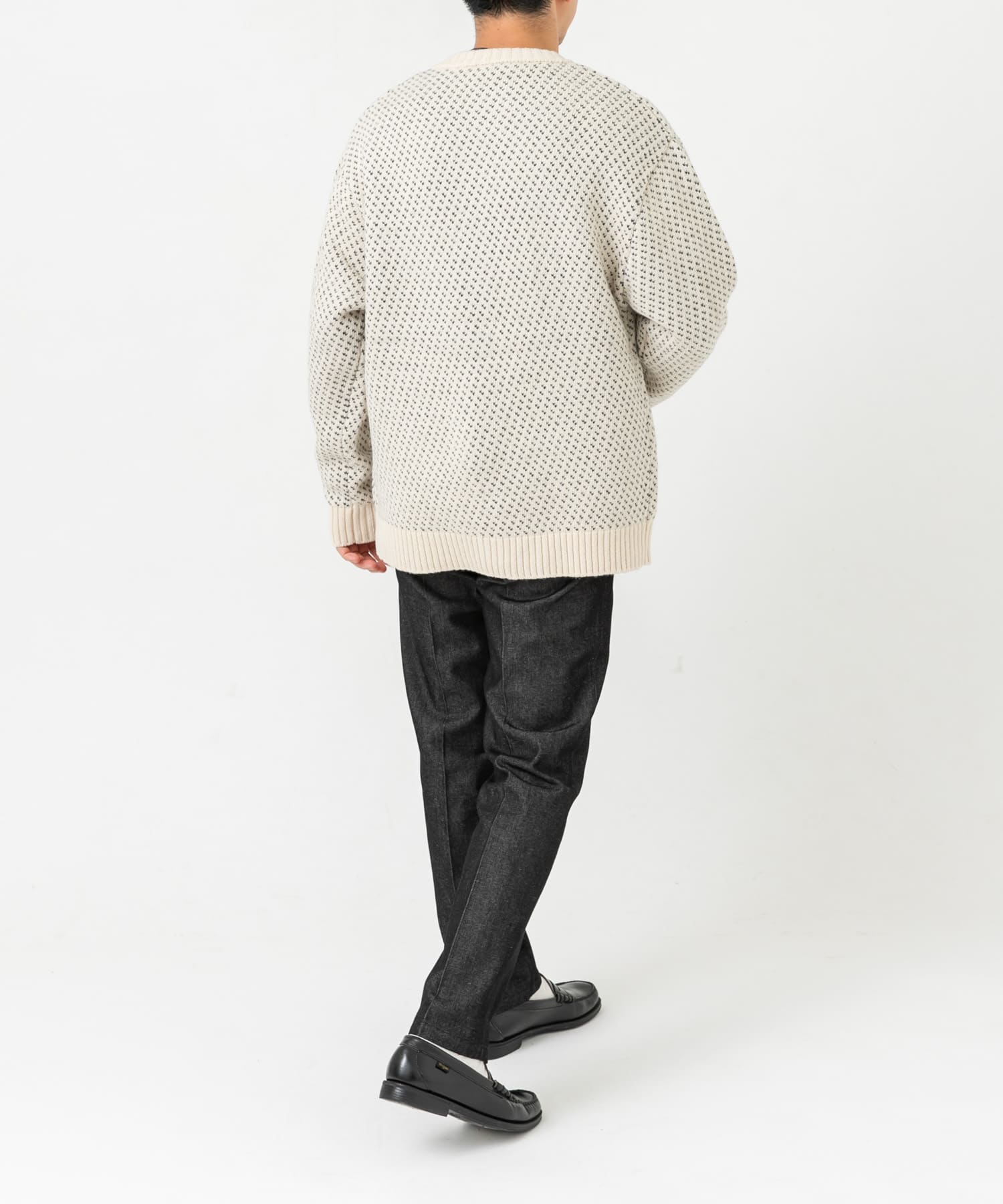 『XLサイズあり』バーズアイ柄クルーニットカーディガン IVORY M