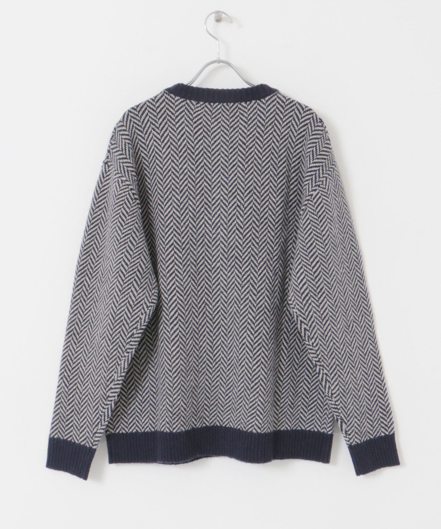 『XLサイズあり』ヘリンボーン柄クルーニットカーディガン NAVY S