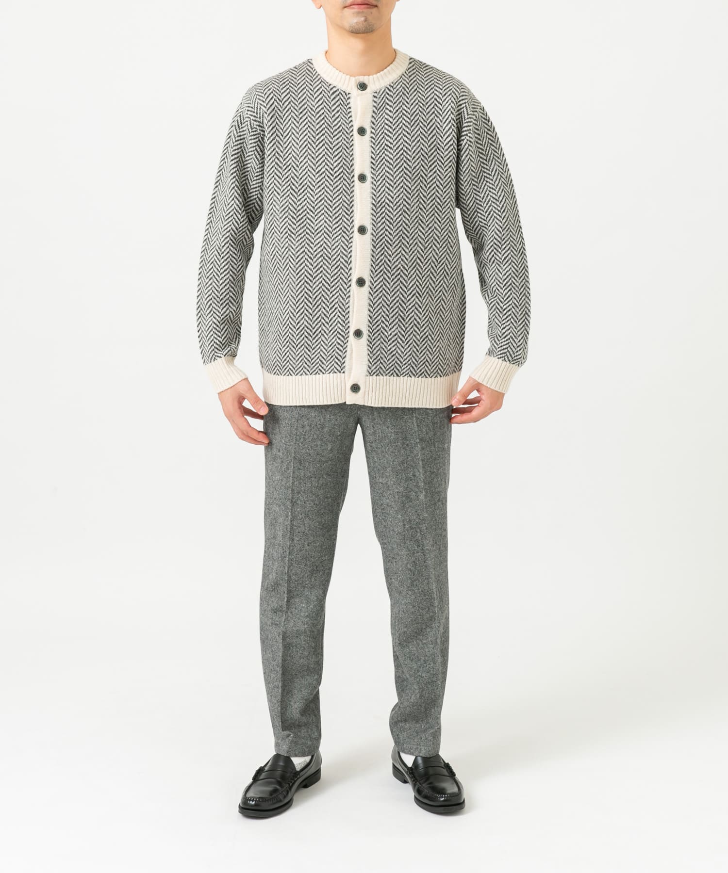 『XLサイズあり』ヘリンボーン柄クルーニットカーディガン IVORY M