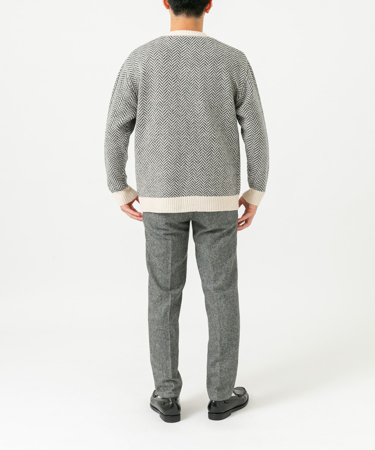 『XLサイズあり』ヘリンボーン柄クルーニットカーディガン IVORY M