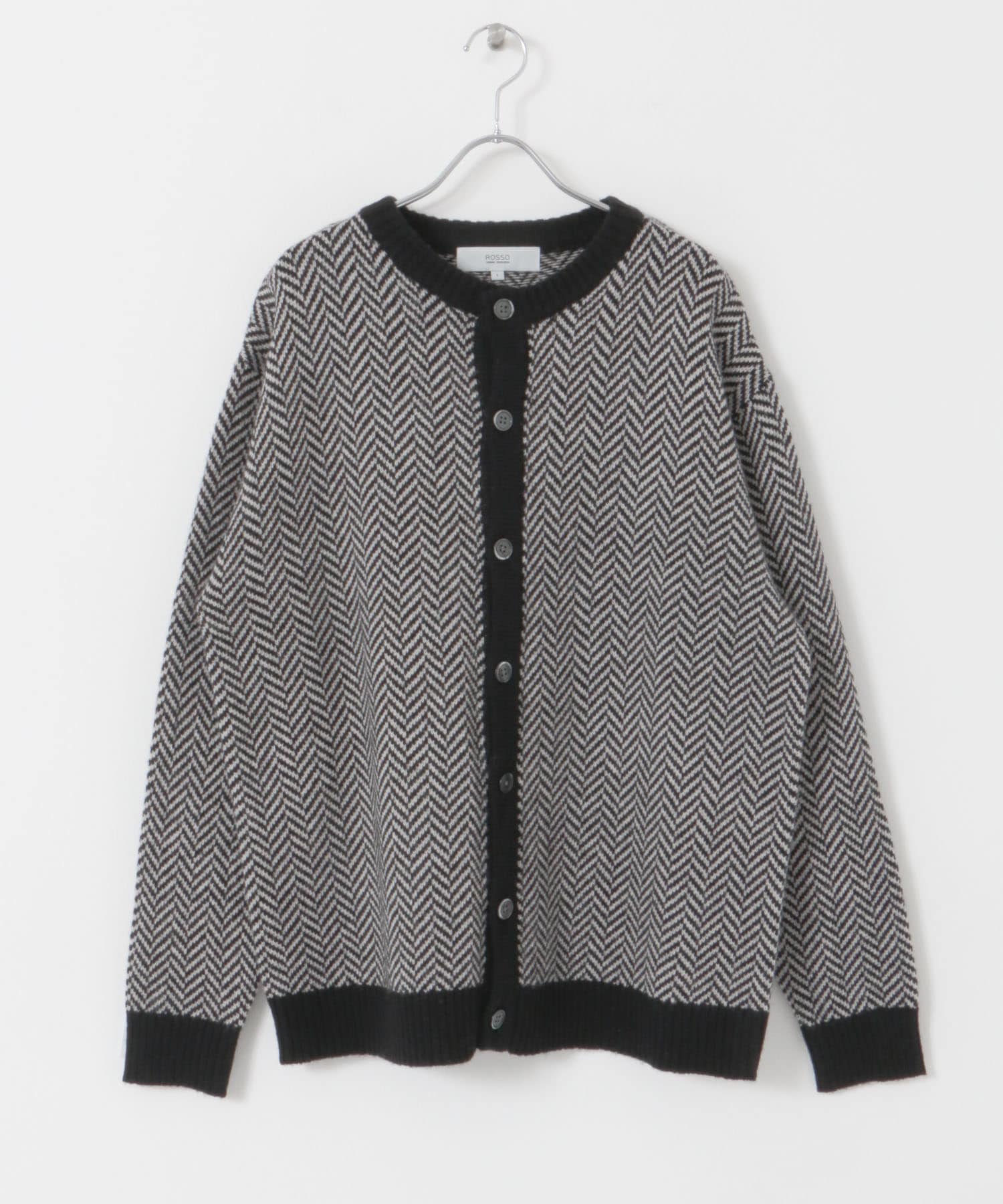 『XLサイズあり』ヘリンボーン柄クルーニットカーディガン BLACK S
