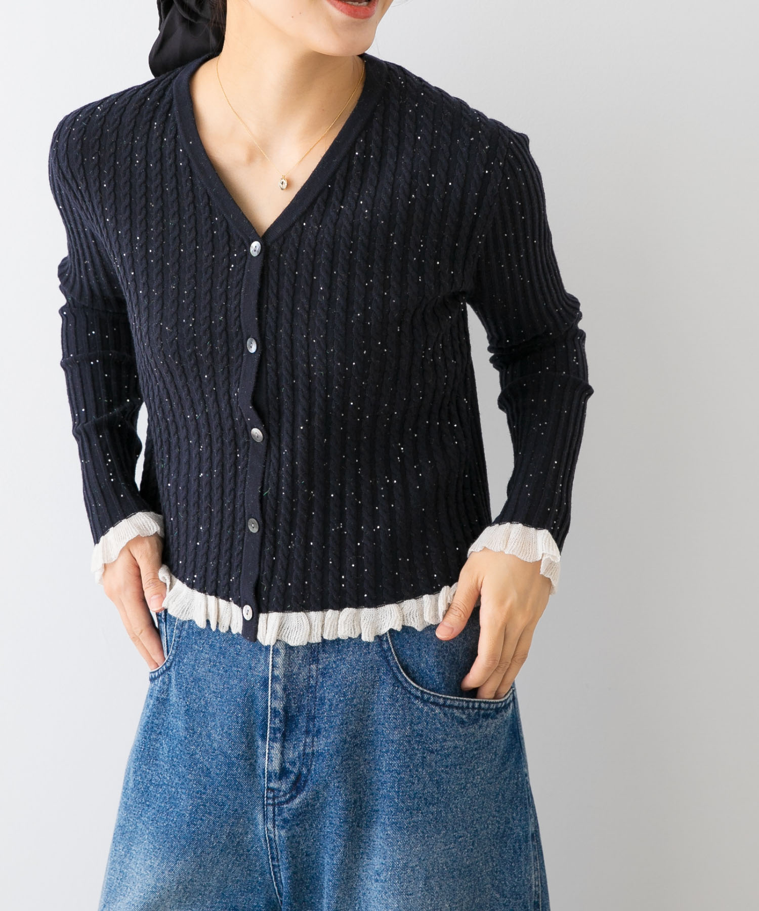 F by ROSSO　スパンコールフリルリブカーディガン