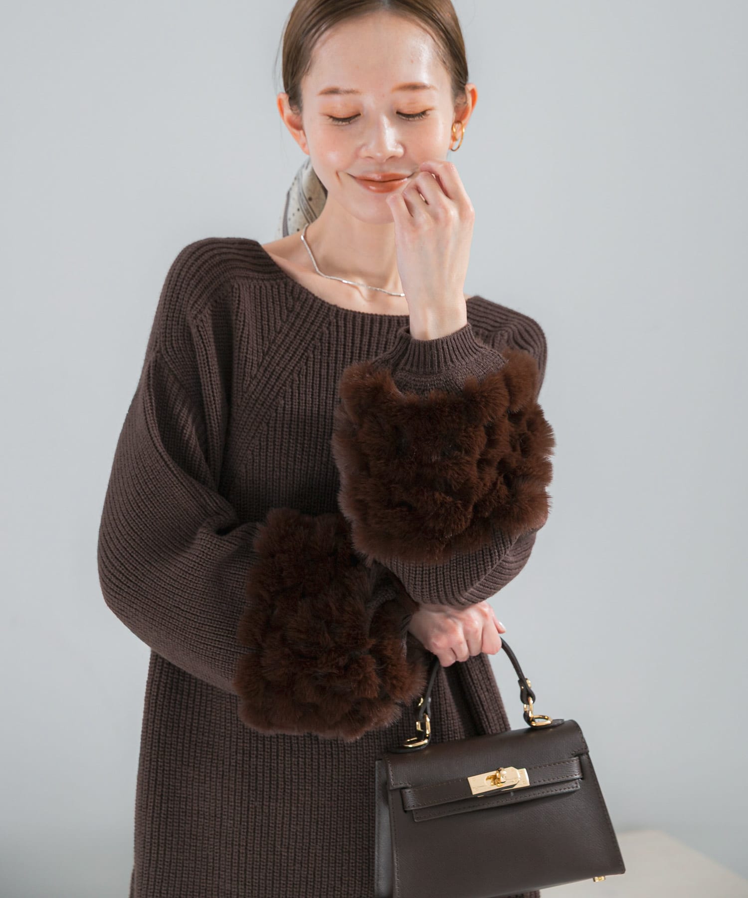 WEB限定』ファードッキングニットミニワンピース(Free BROWN