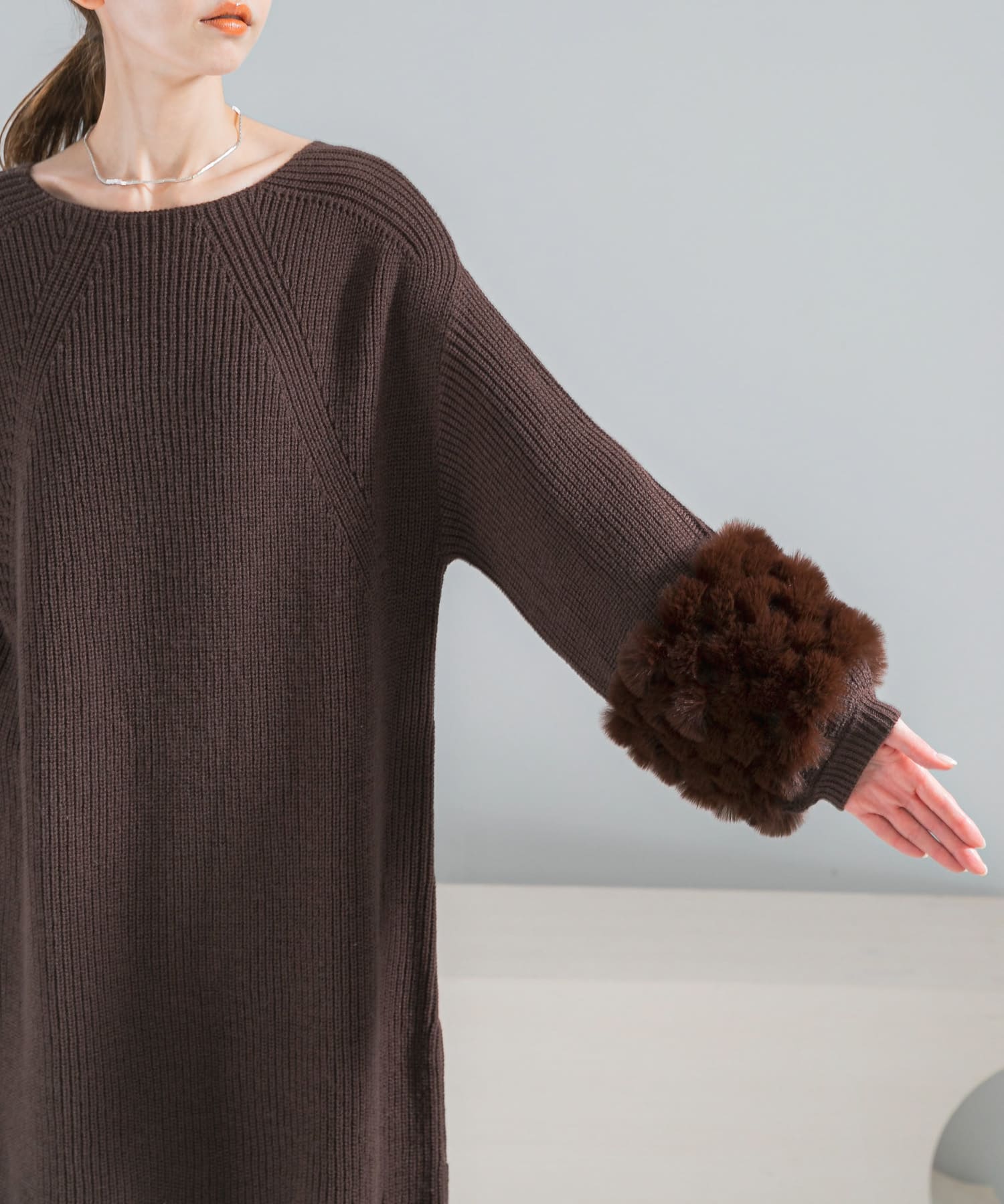 WEB限定』ファードッキングニットミニワンピース(Free BROWN