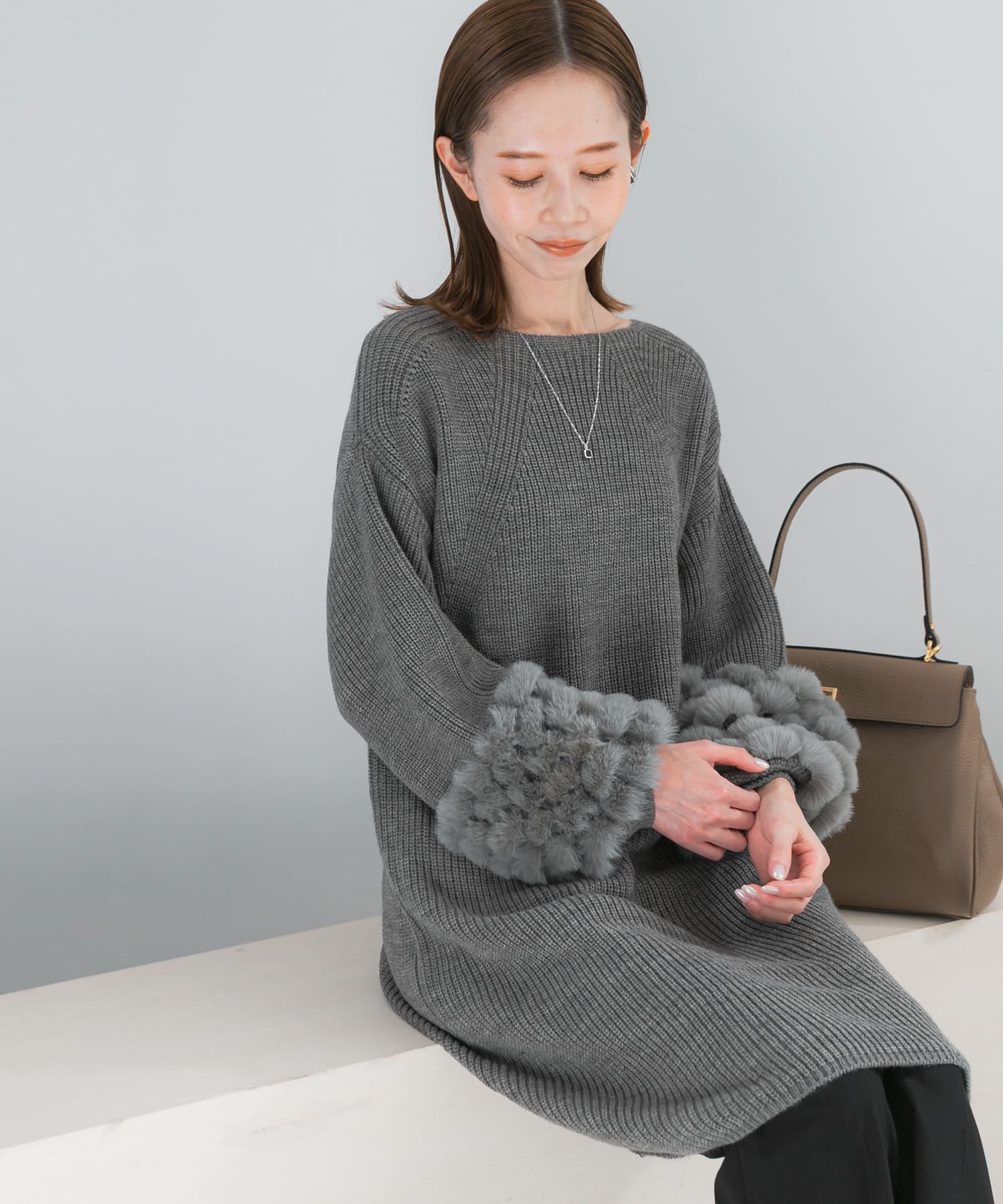 WEB限定』ファードッキングニットミニワンピース(Free BROWN