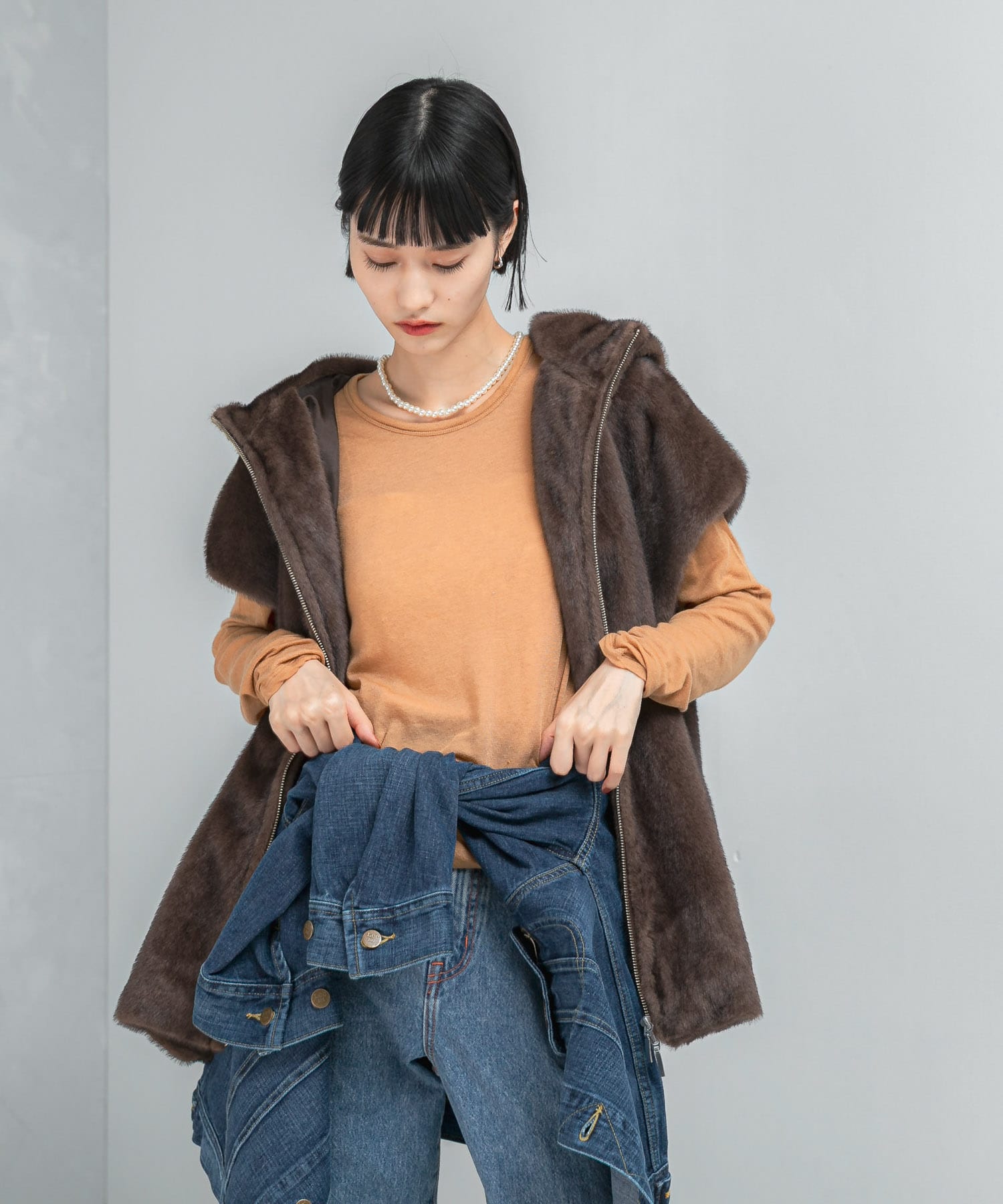 ECOPELファーフードジレ BROWN FREE