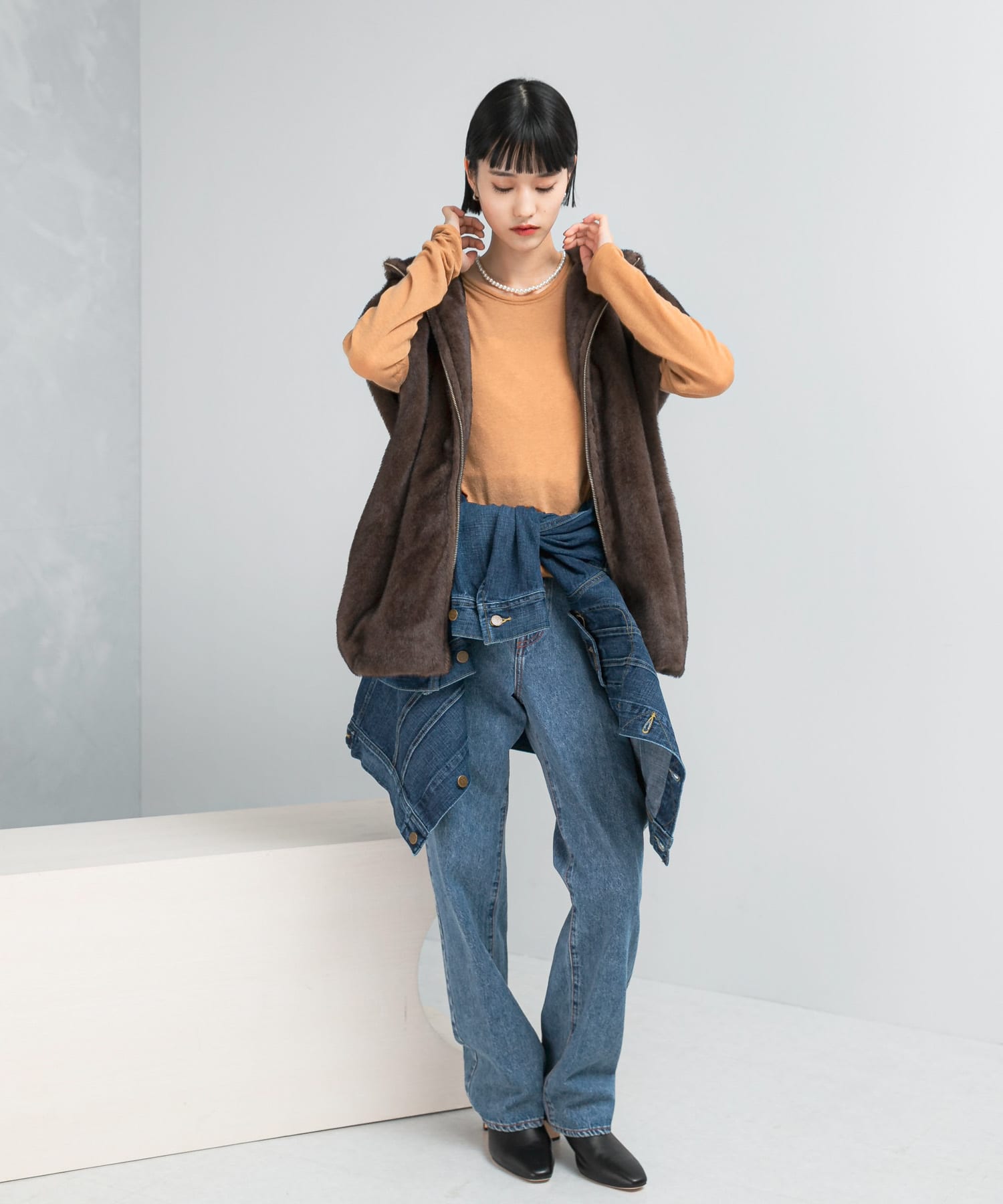 ECOPELファーフードジレ BROWN FREE