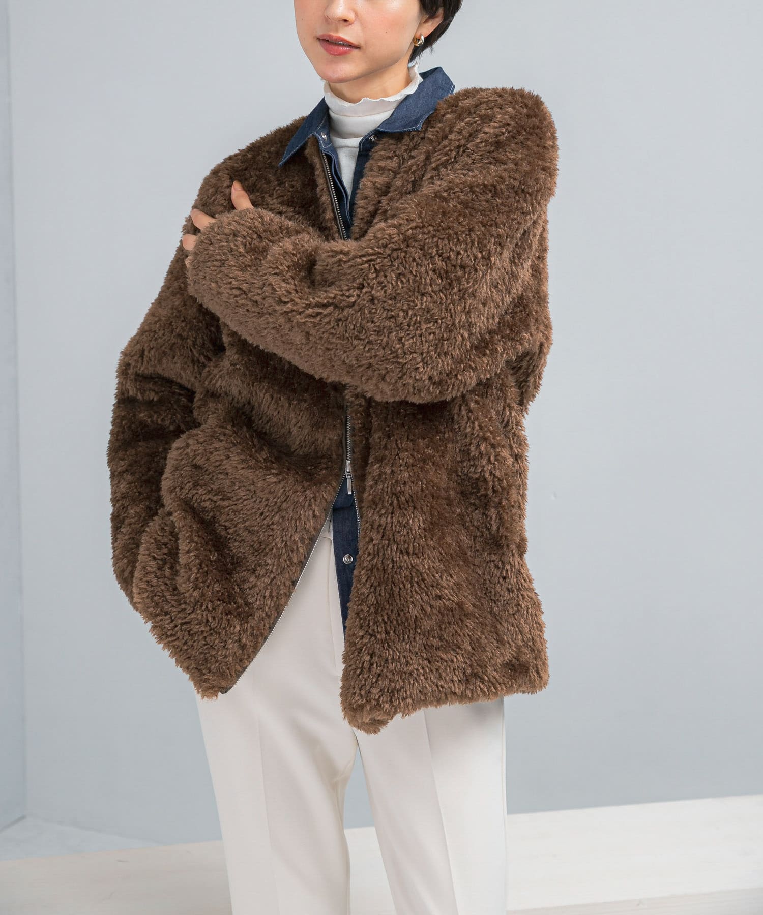 『WEB限定』ノーカラーファーボアZIPブルゾン