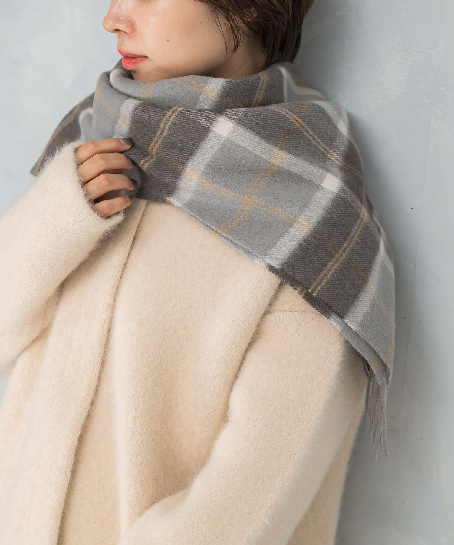 カシミヤ混チェックストール