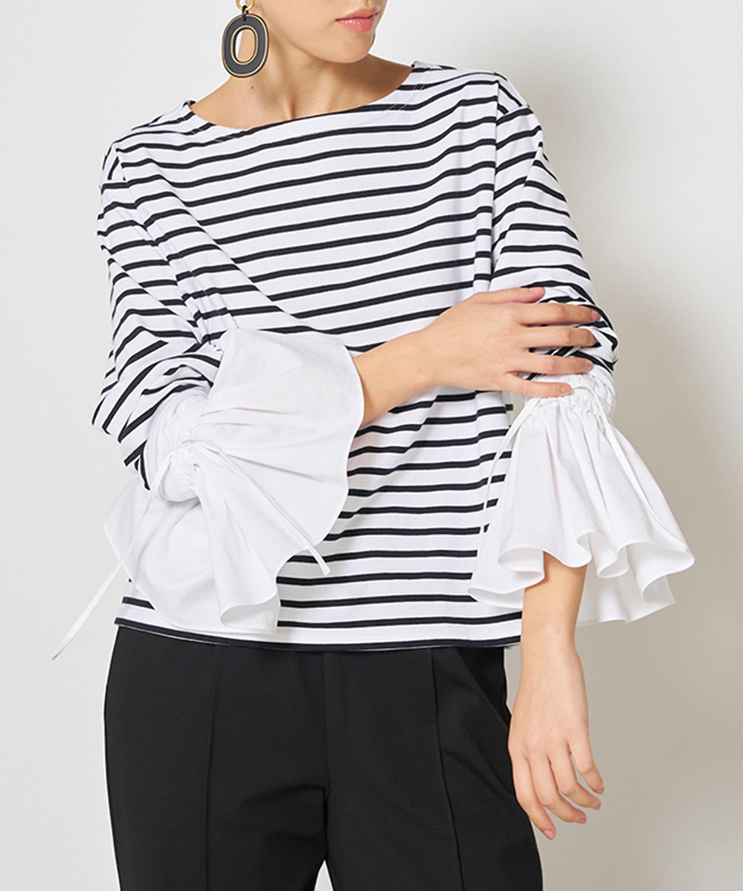 Mewl　シャツスリーブボーダーTOPS OWHITE Free