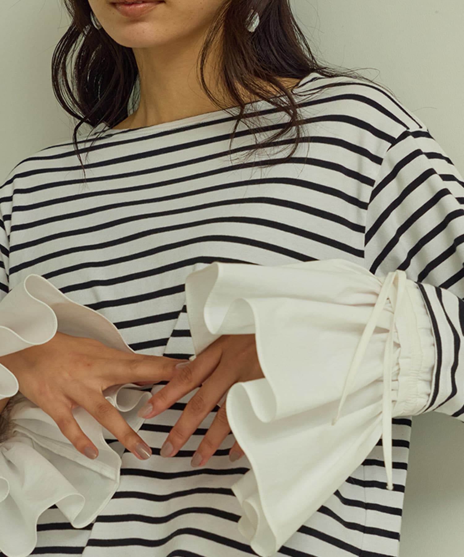 Mewl　シャツスリーブボーダーTOPS OWHITE Free