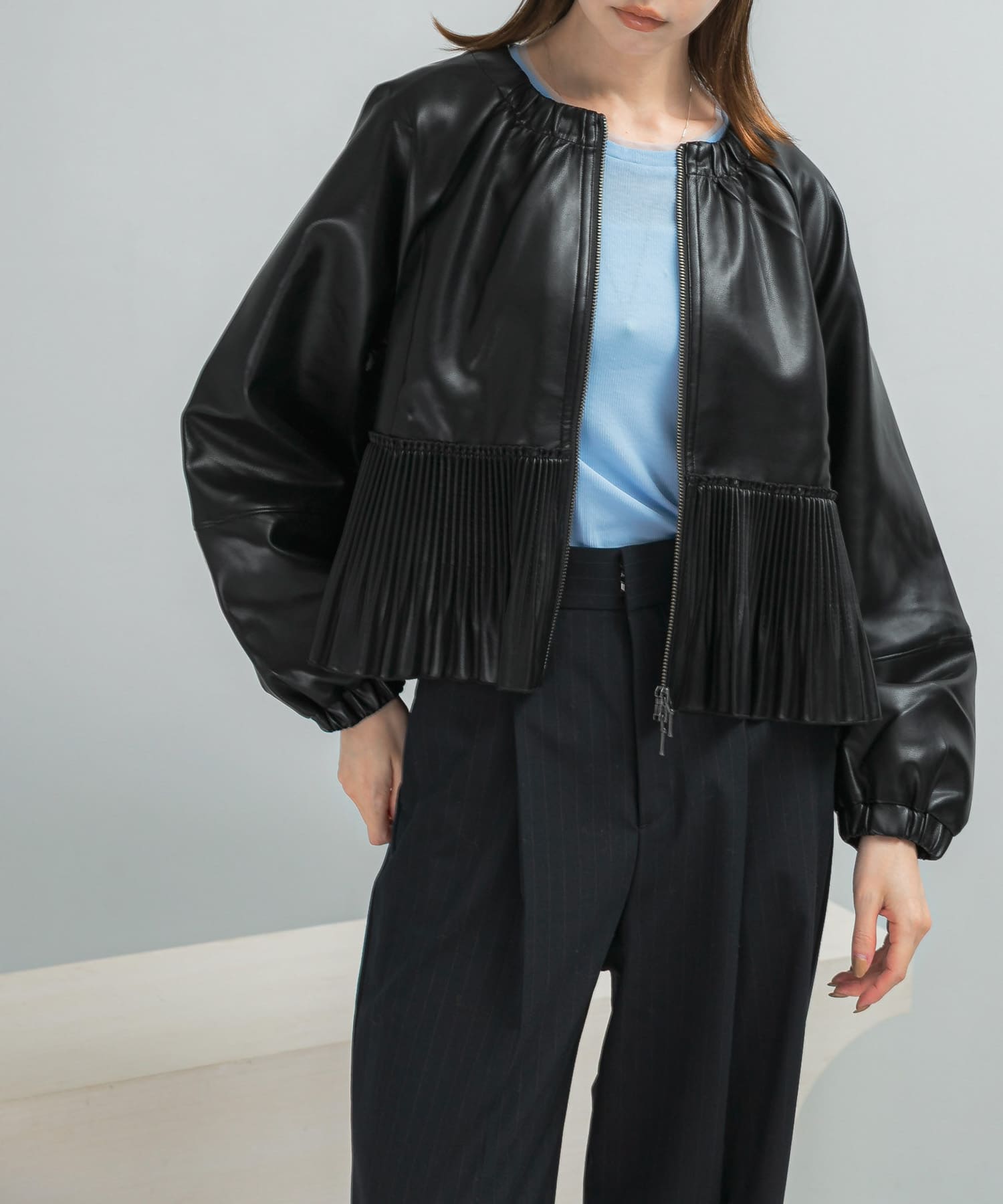 MARILYN MOON　eco leather pleats jacket