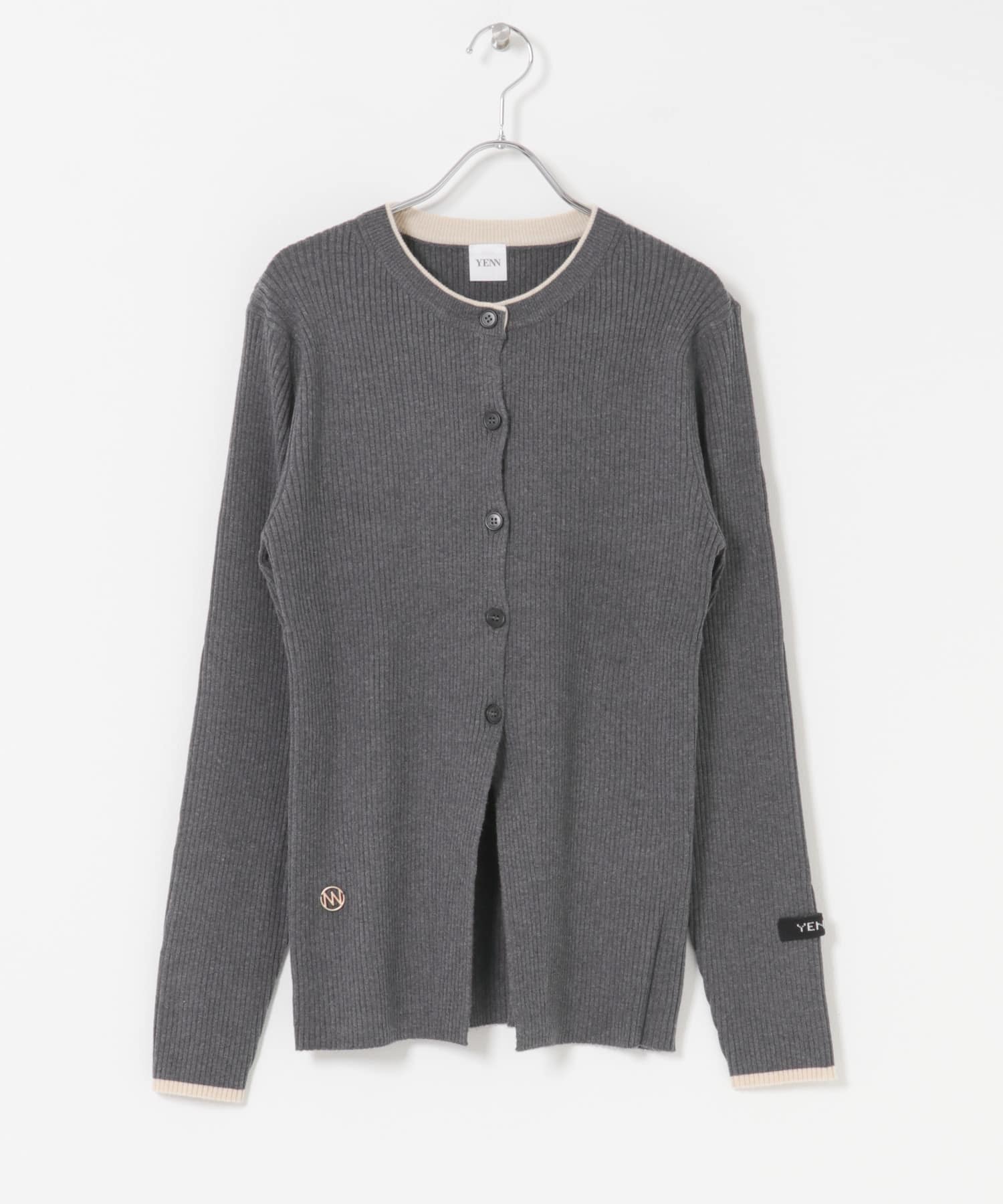 YENN　WOOL RIB CREW CARDIGAN CHARCOAL Free