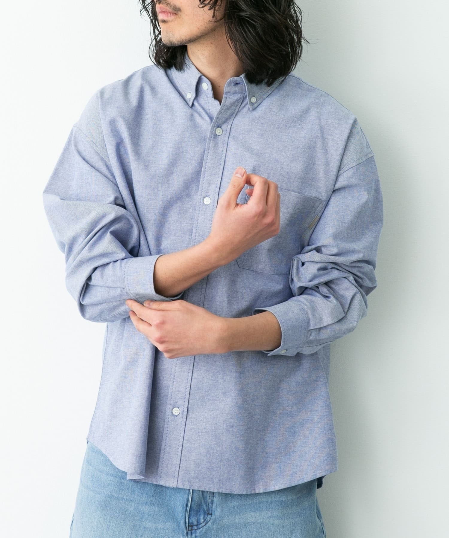 抗菌オックスボタンダウンオーバーシャツ サックス L