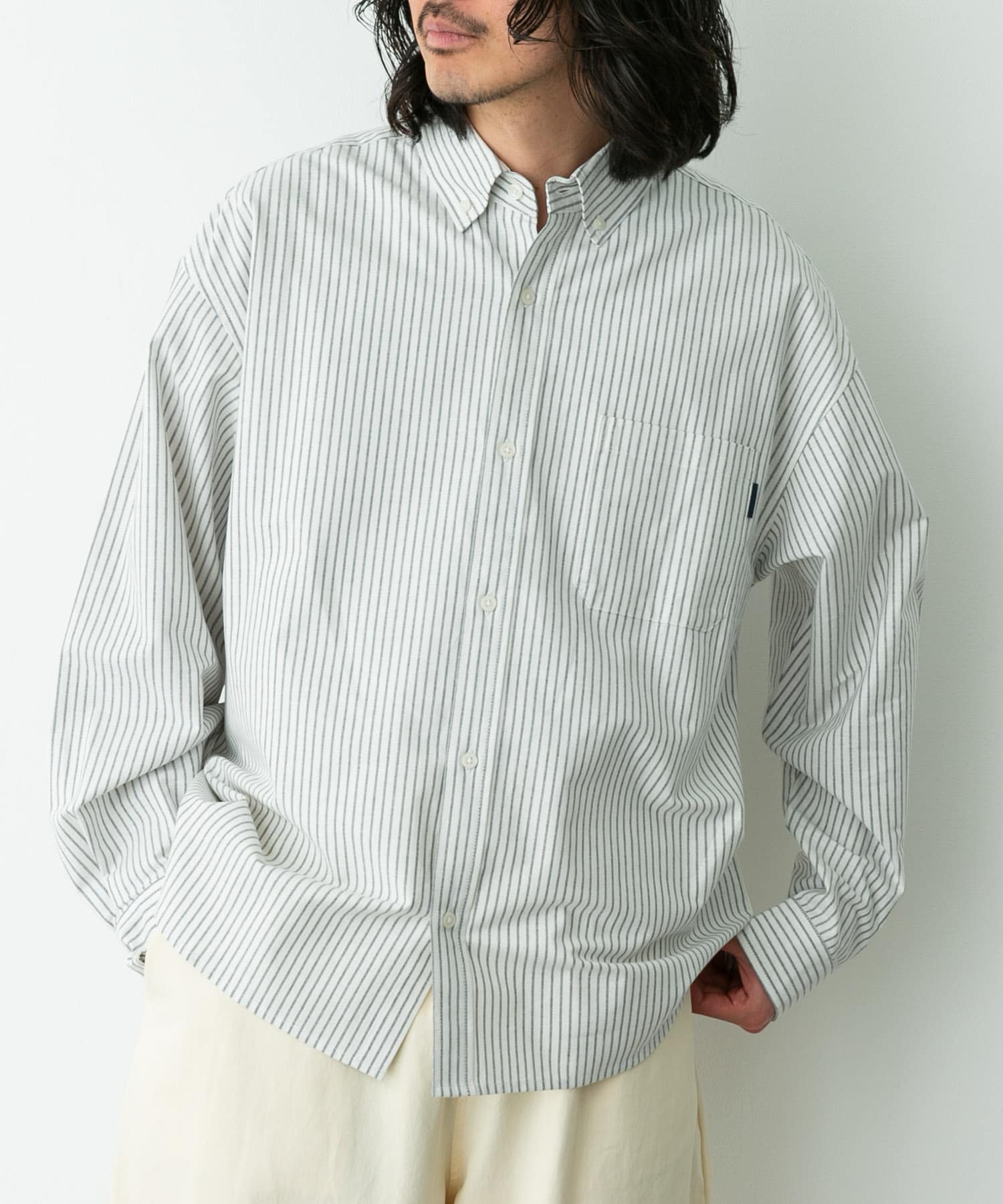 抗菌オックスボタンダウンオーバーシャツ オフストライプ L