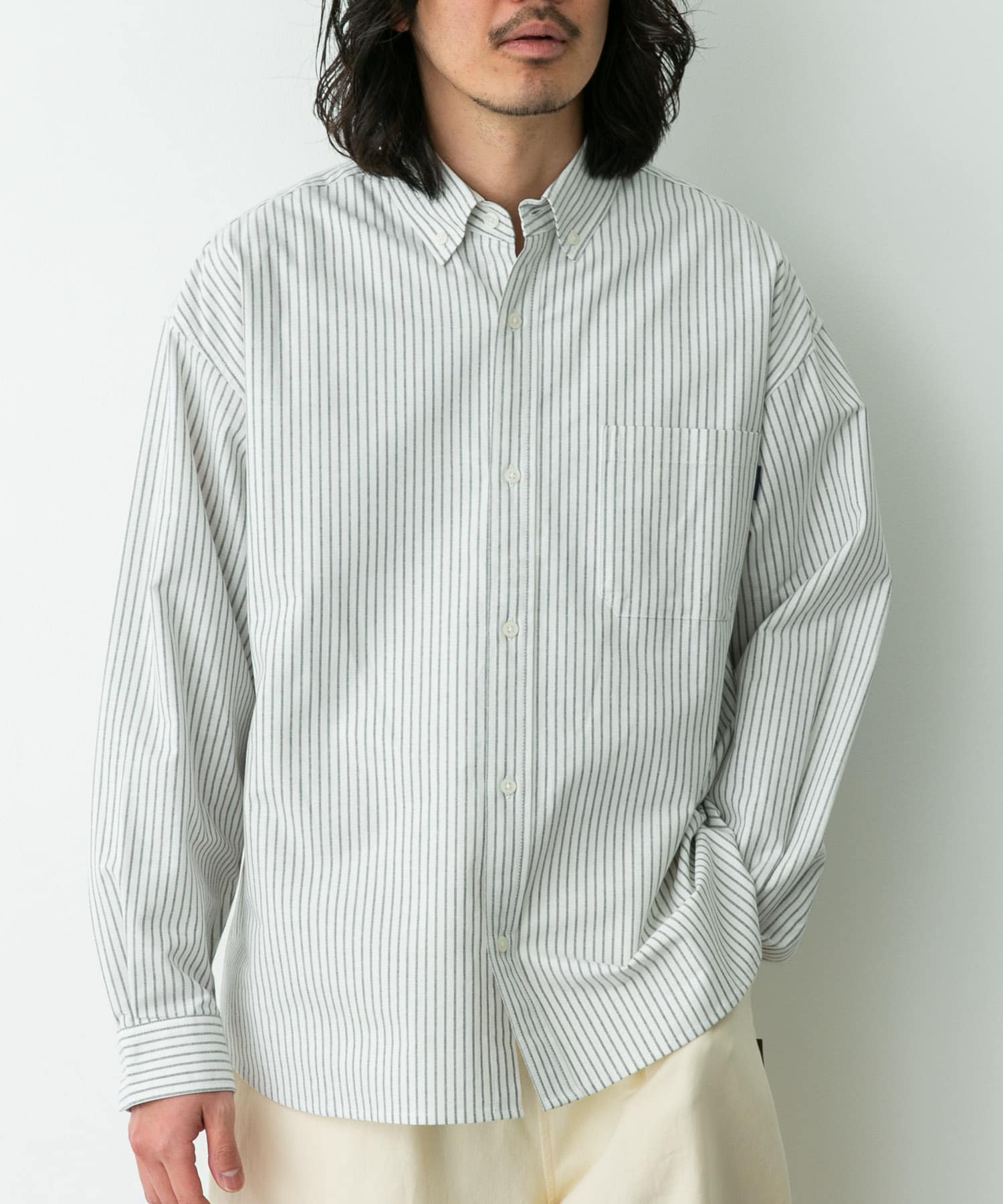 抗菌オックスボタンダウンオーバーシャツ オフストライプ L