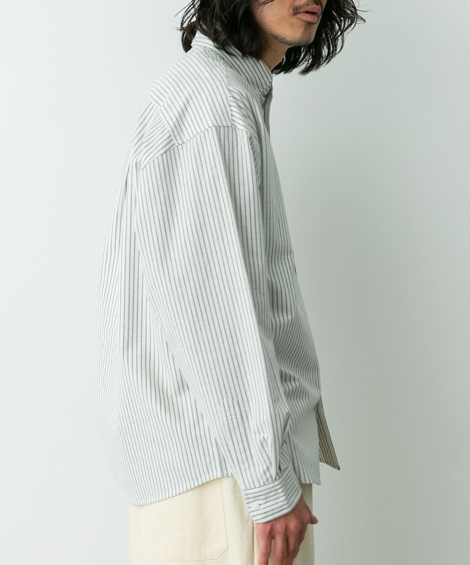 抗菌オックスボタンダウンオーバーシャツ オフストライプ L