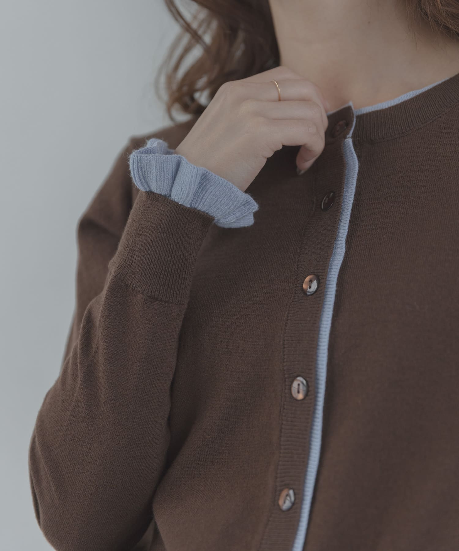 配色フリルニットカーディガン