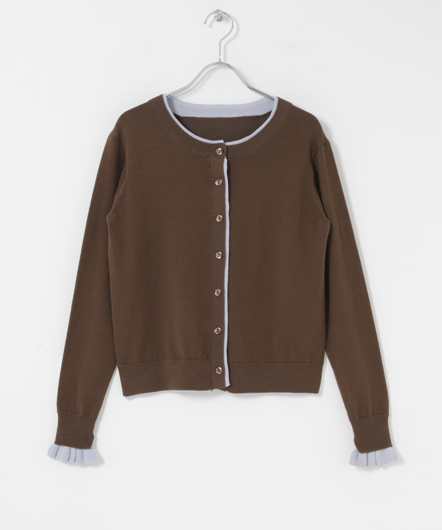 配色フリルニットカーディガン ブラウン Free