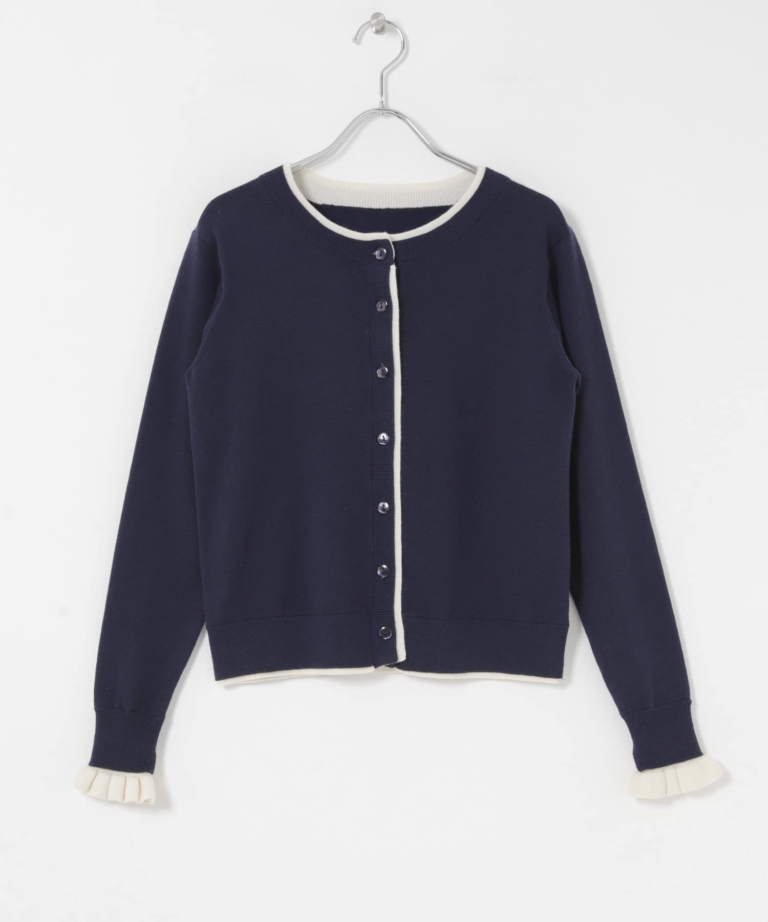 配色フリルニットカーディガン ネイビー Free