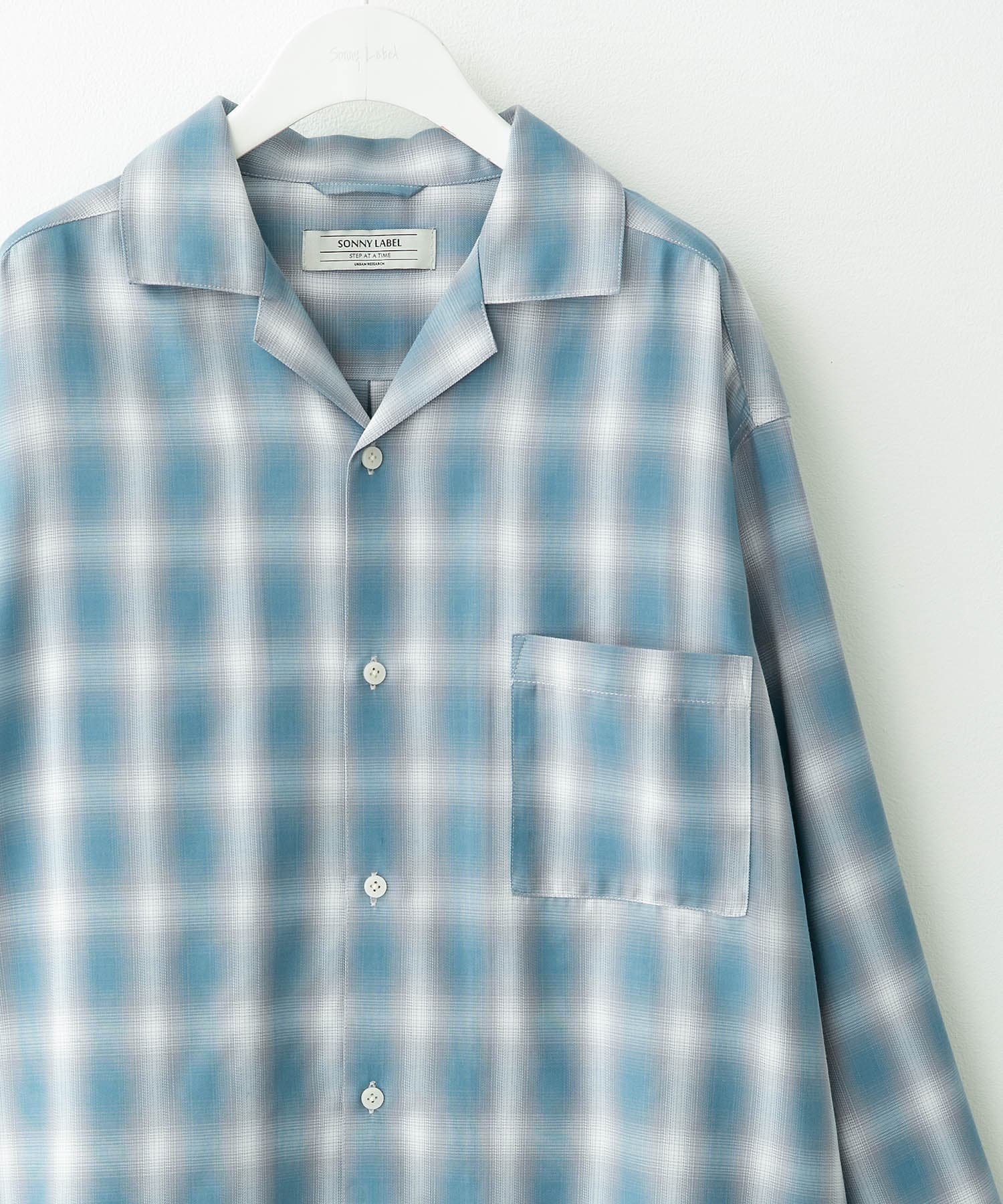 オンブレチェックロングスリーブシャツ ブルー系 M