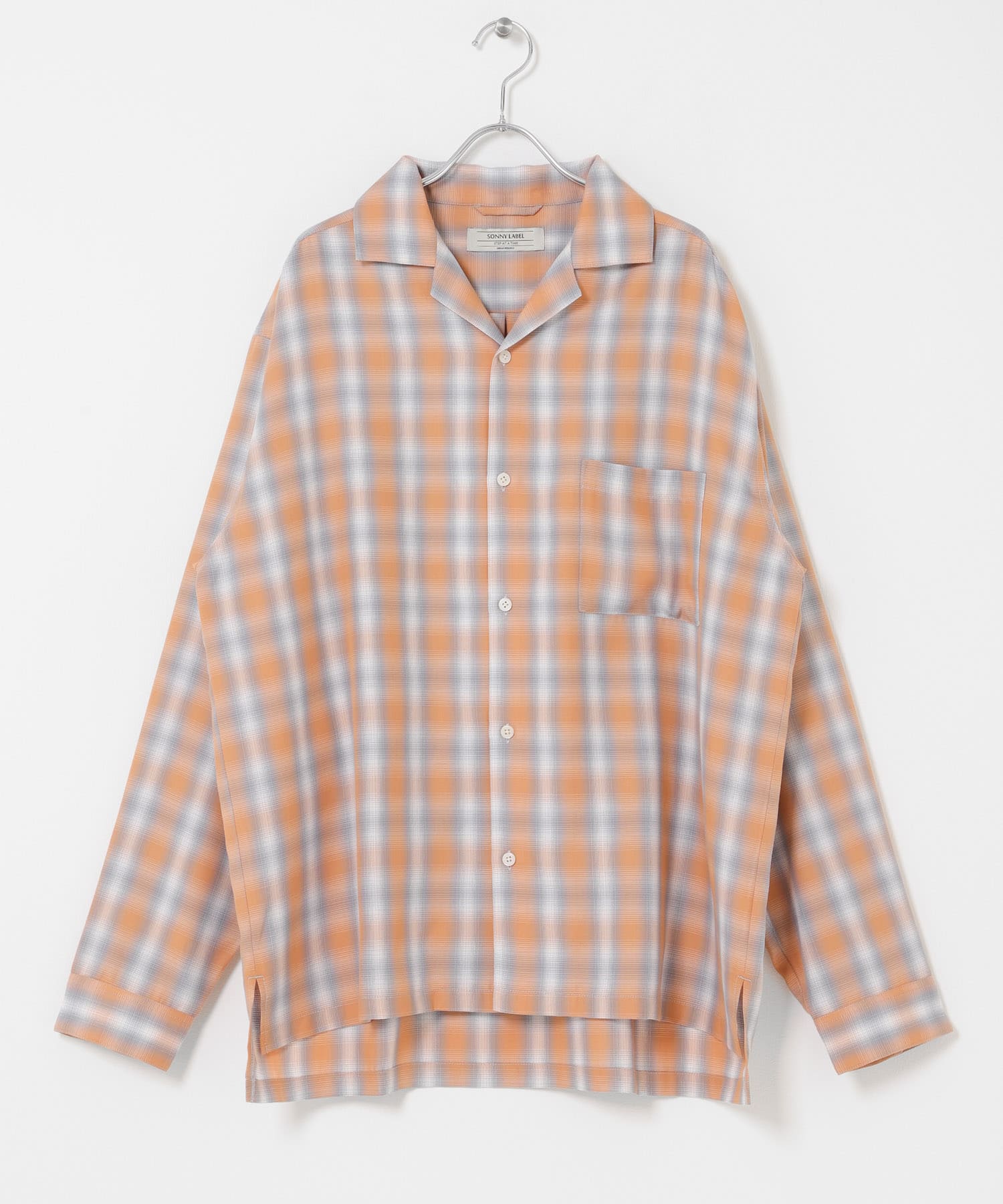 オンブレチェックロングスリーブシャツ オレンジ系 M