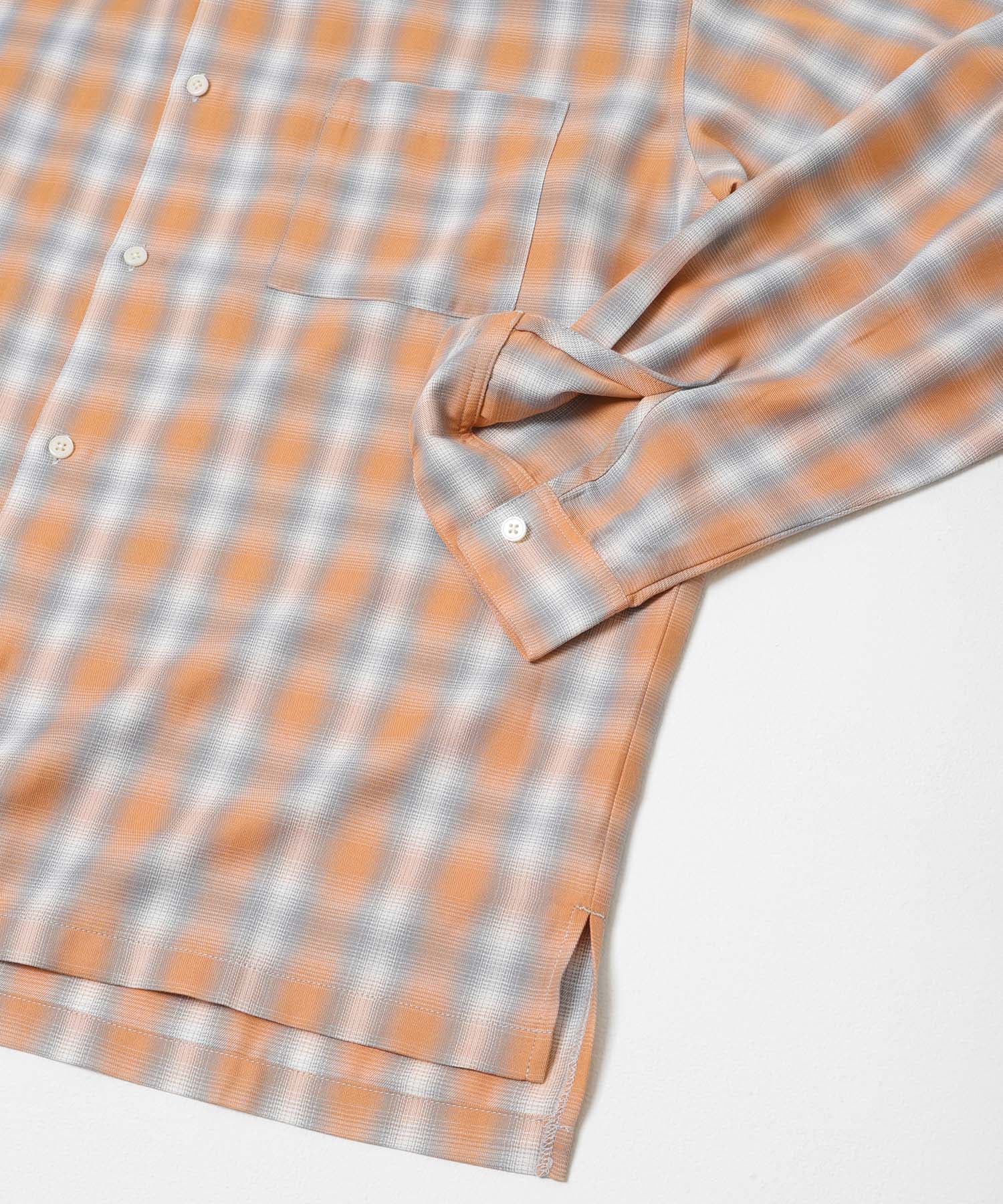 オンブレチェックロングスリーブシャツ オレンジ系 M