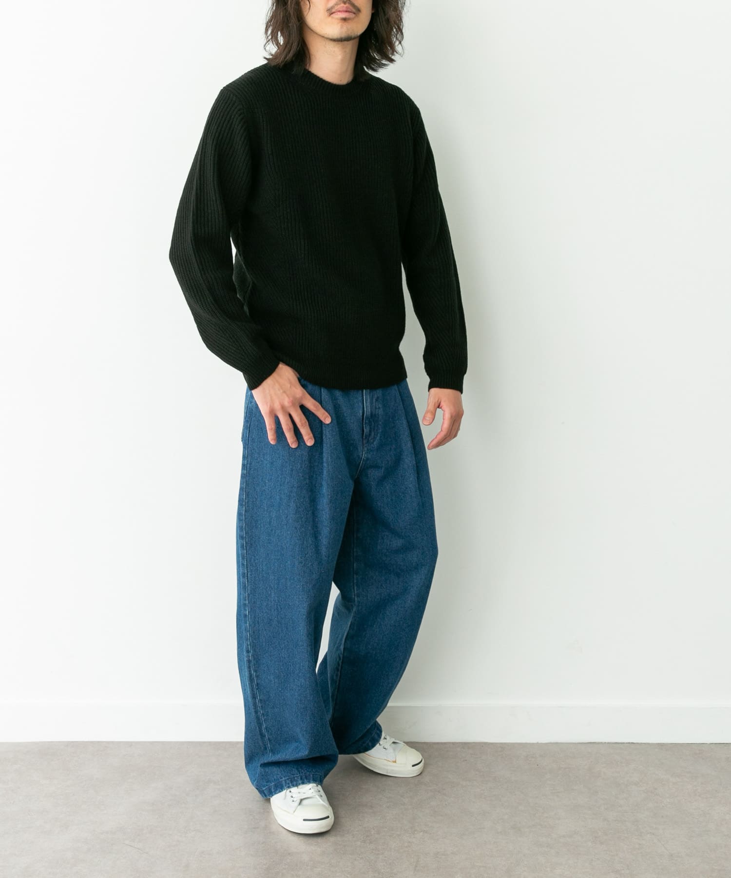 ウォッシャブルウール混クルーネックニット ブラック M