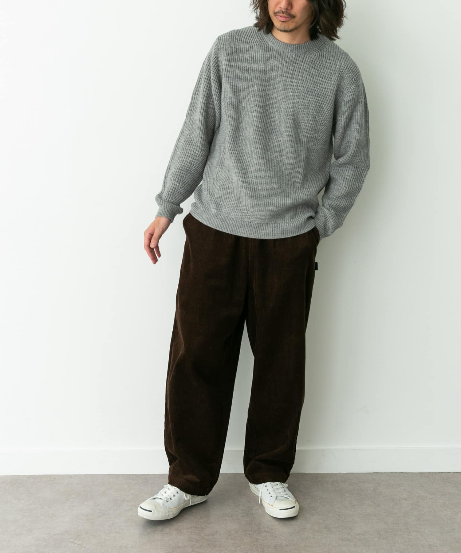 ウォッシャブルウール混クルーネックニット グレー M