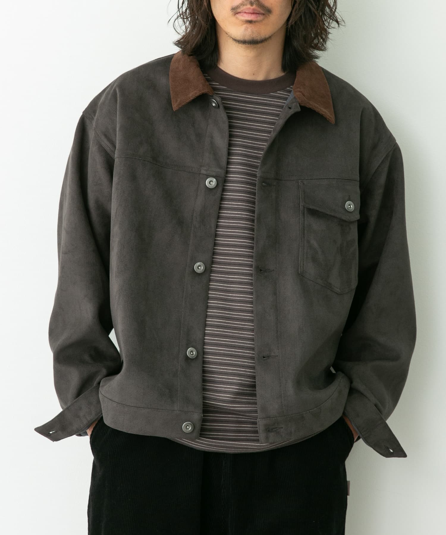 襟切替スウェードタッチシャツジャケット