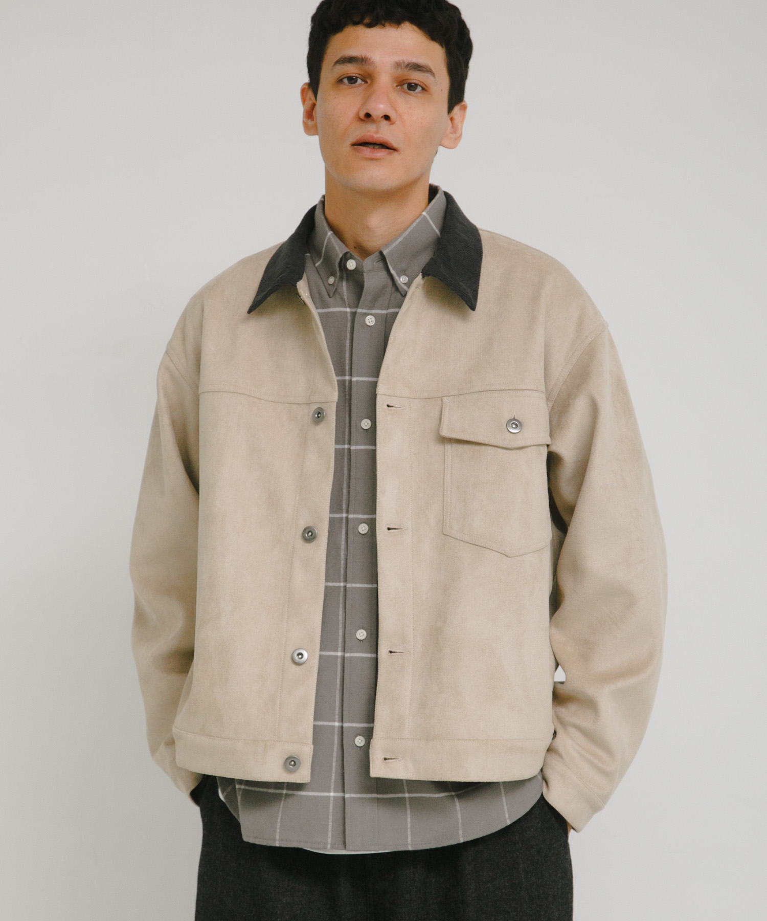 襟切替スウェードタッチシャツジャケット