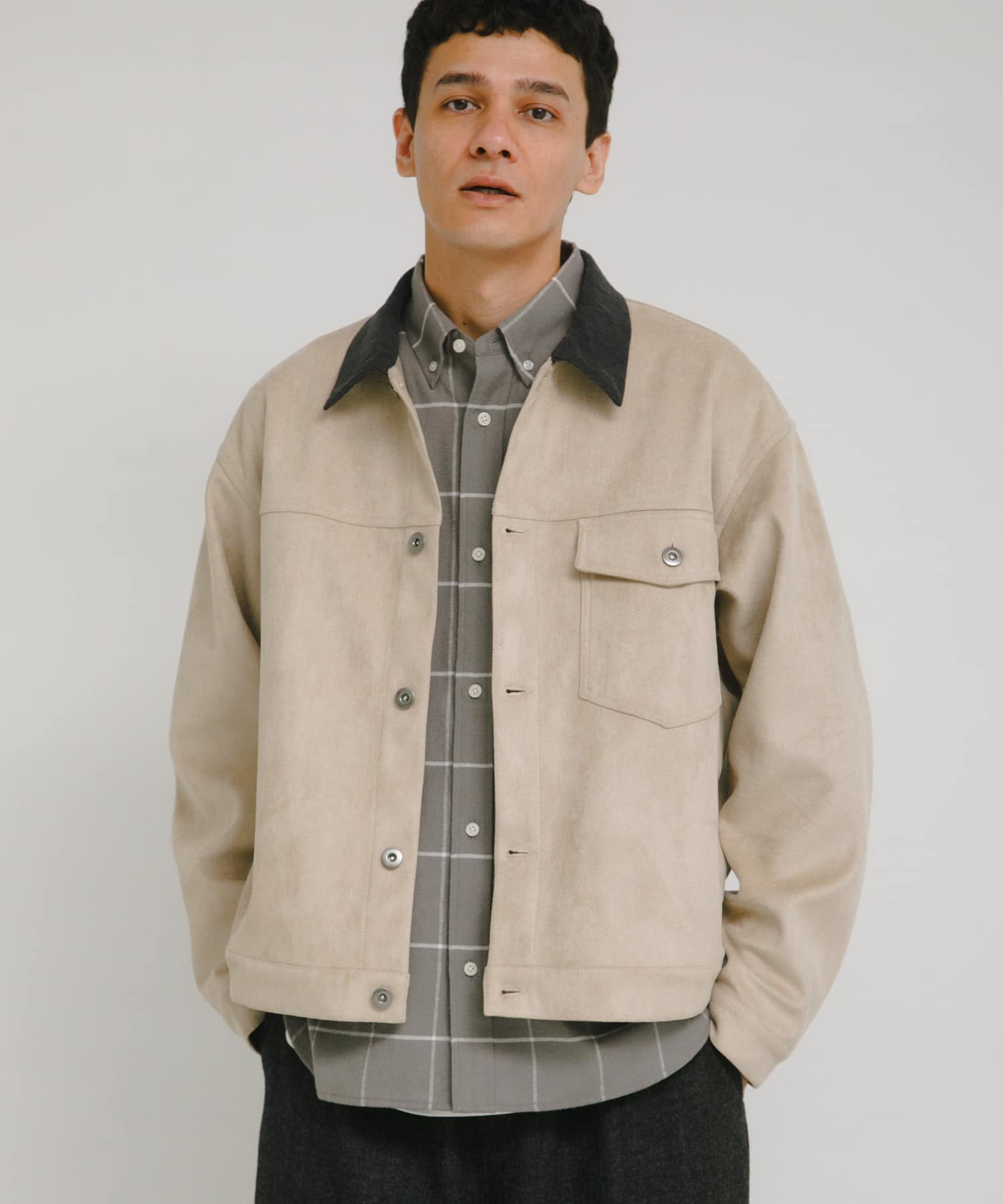 襟切替スウェードタッチシャツジャケット