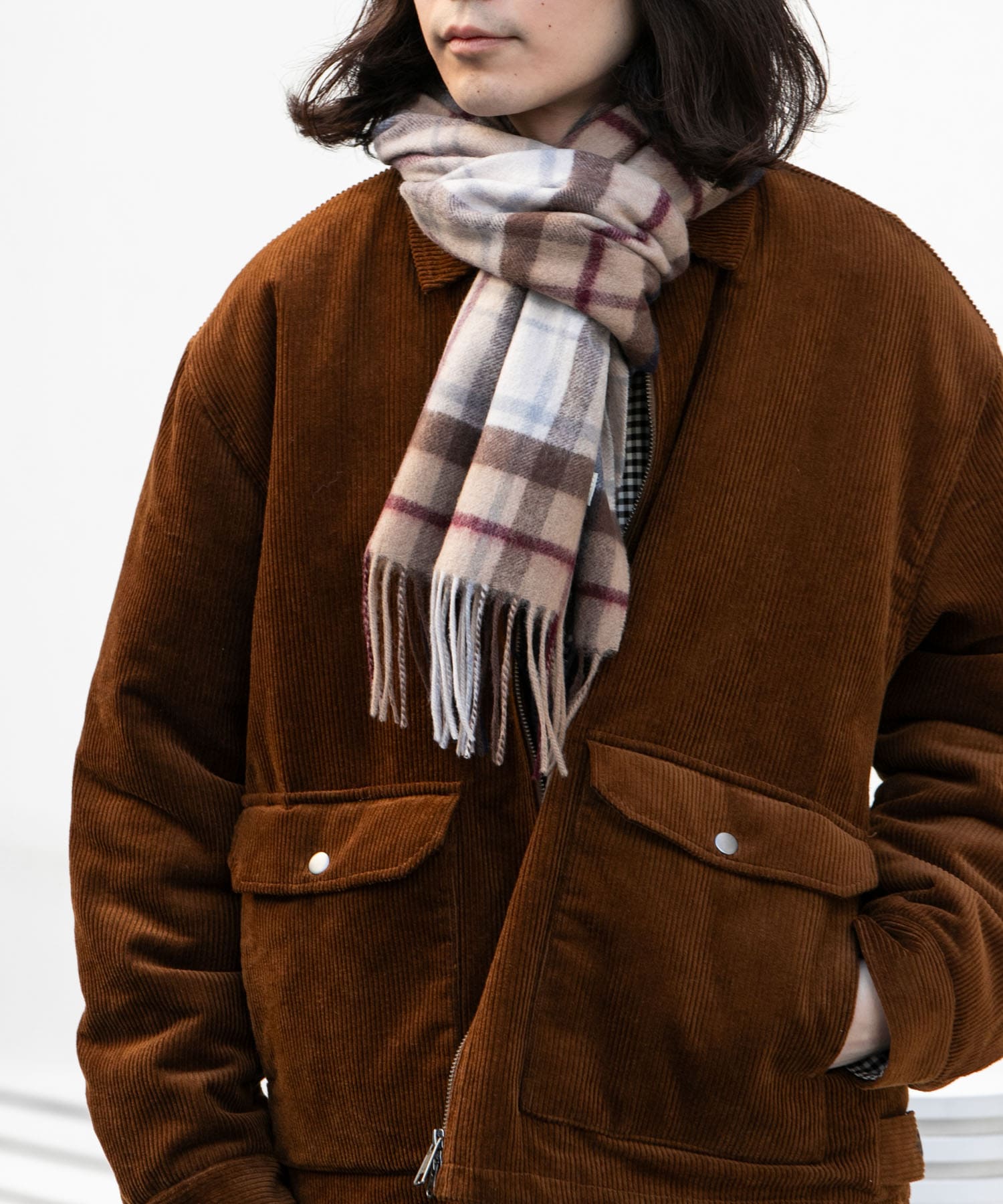 ウールカシミヤチェックワイドマフラー ベージュ One