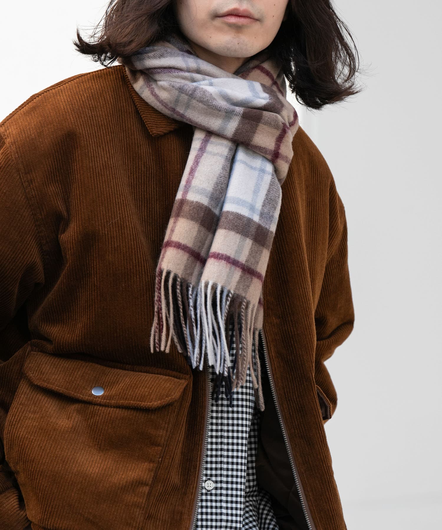 ウールカシミヤチェックワイドマフラー ベージュ One