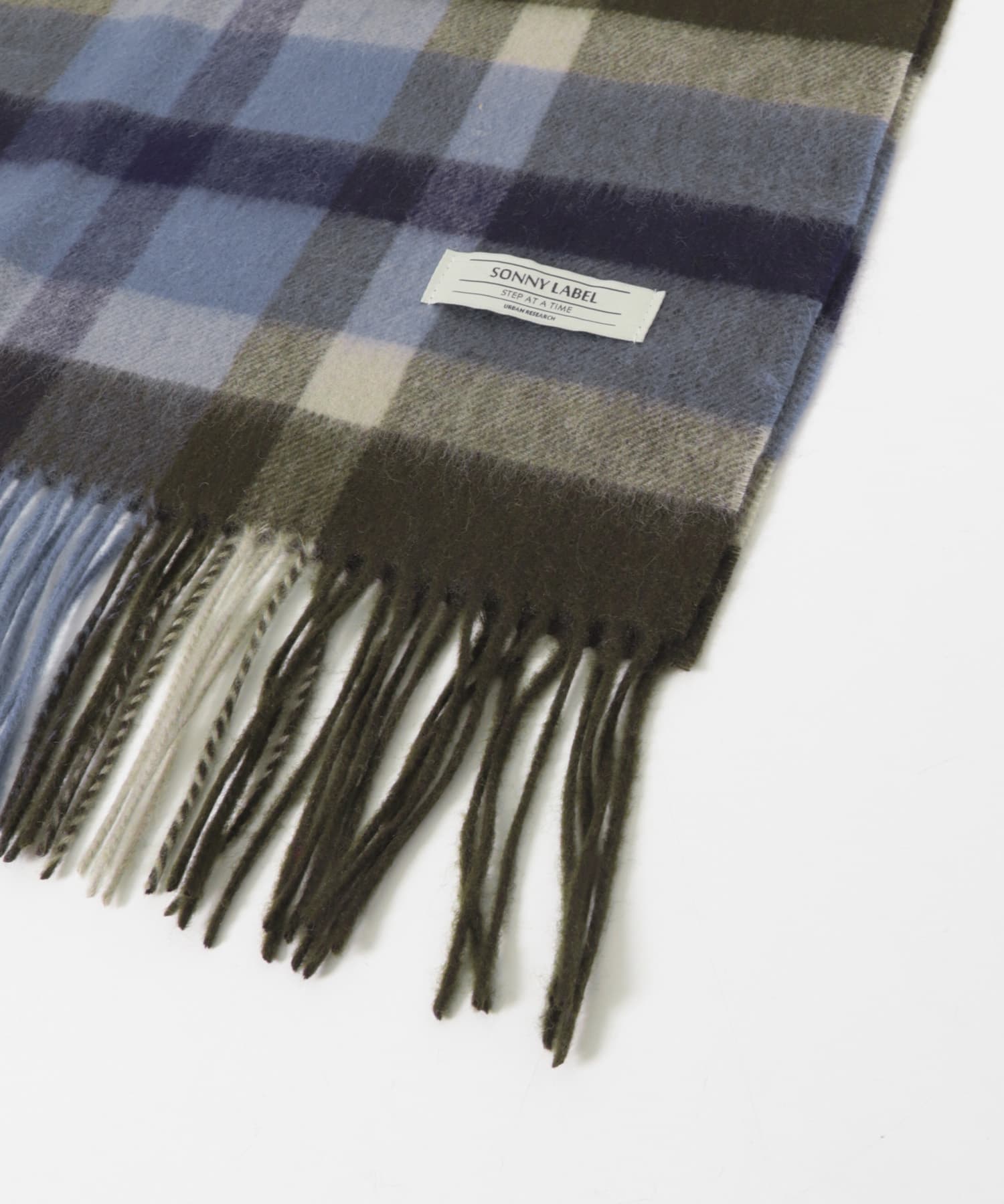 ウールカシミヤチェックワイドマフラー カーキ One