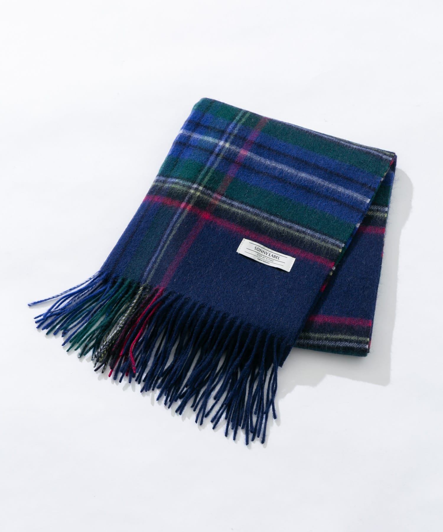 ウールカシミヤチェックワイドマフラー ネイビー One